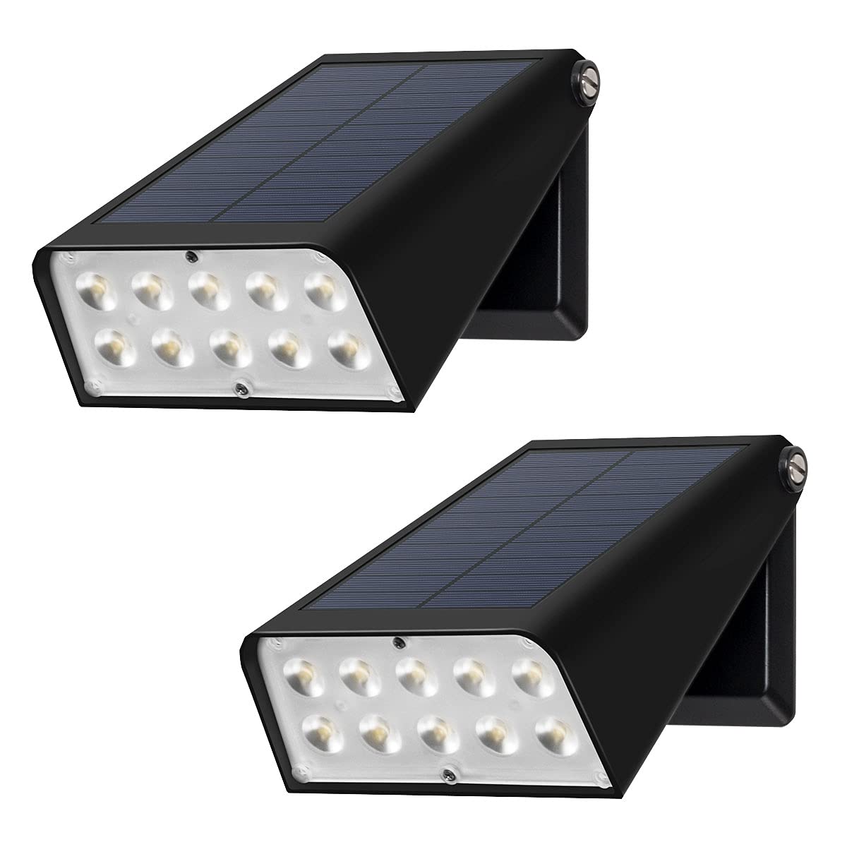 GUYULUX Solar Powered Patio Wall Light, Dusk-to-Dawn Sensor, 90° Rotatable, 2-Pack, Black, Model YUU-WL-0606