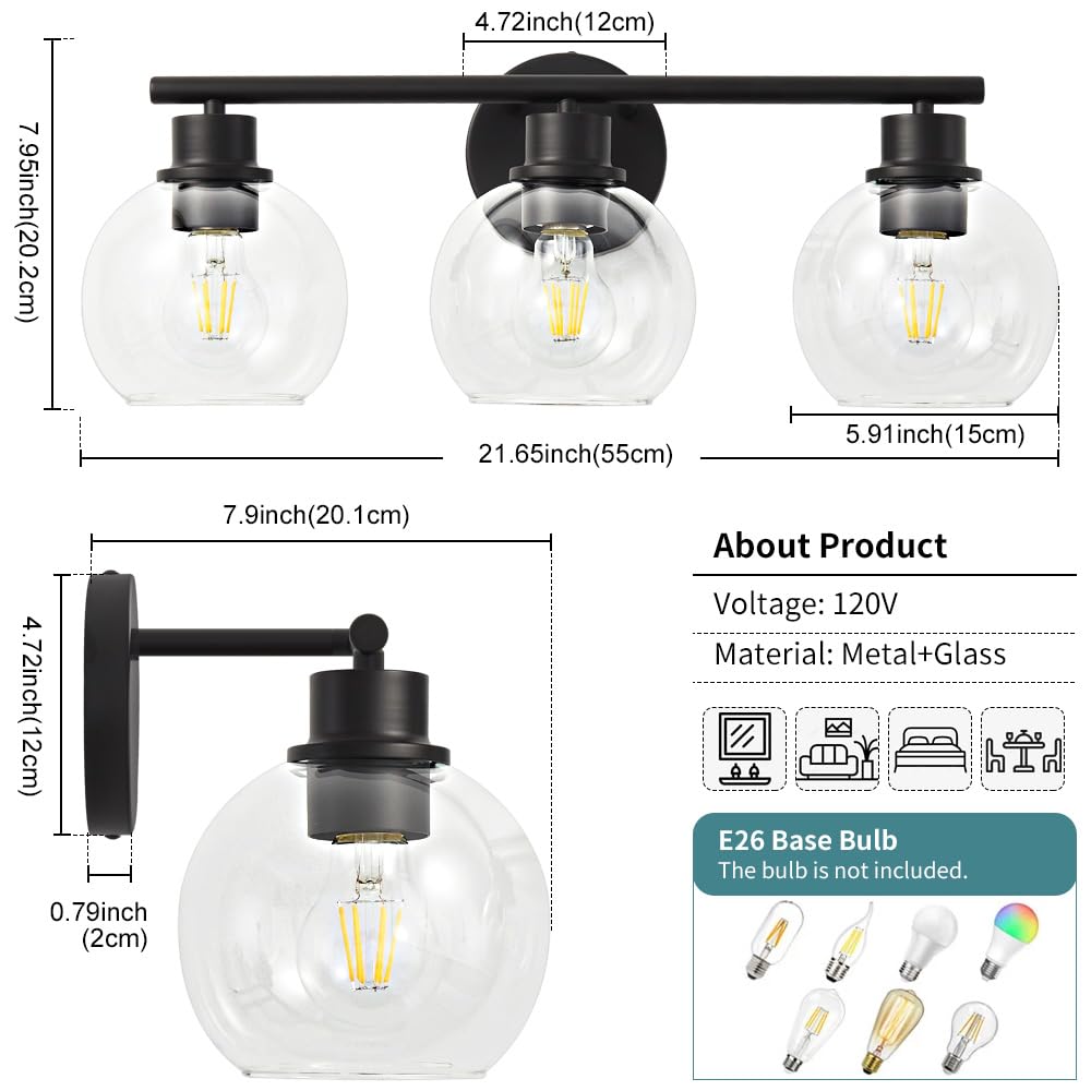 Lanmate Bathroom Vanity Light Fixture, 3-Light, Clear Glass Shade, Modern Black, 22 inch, Model L1746