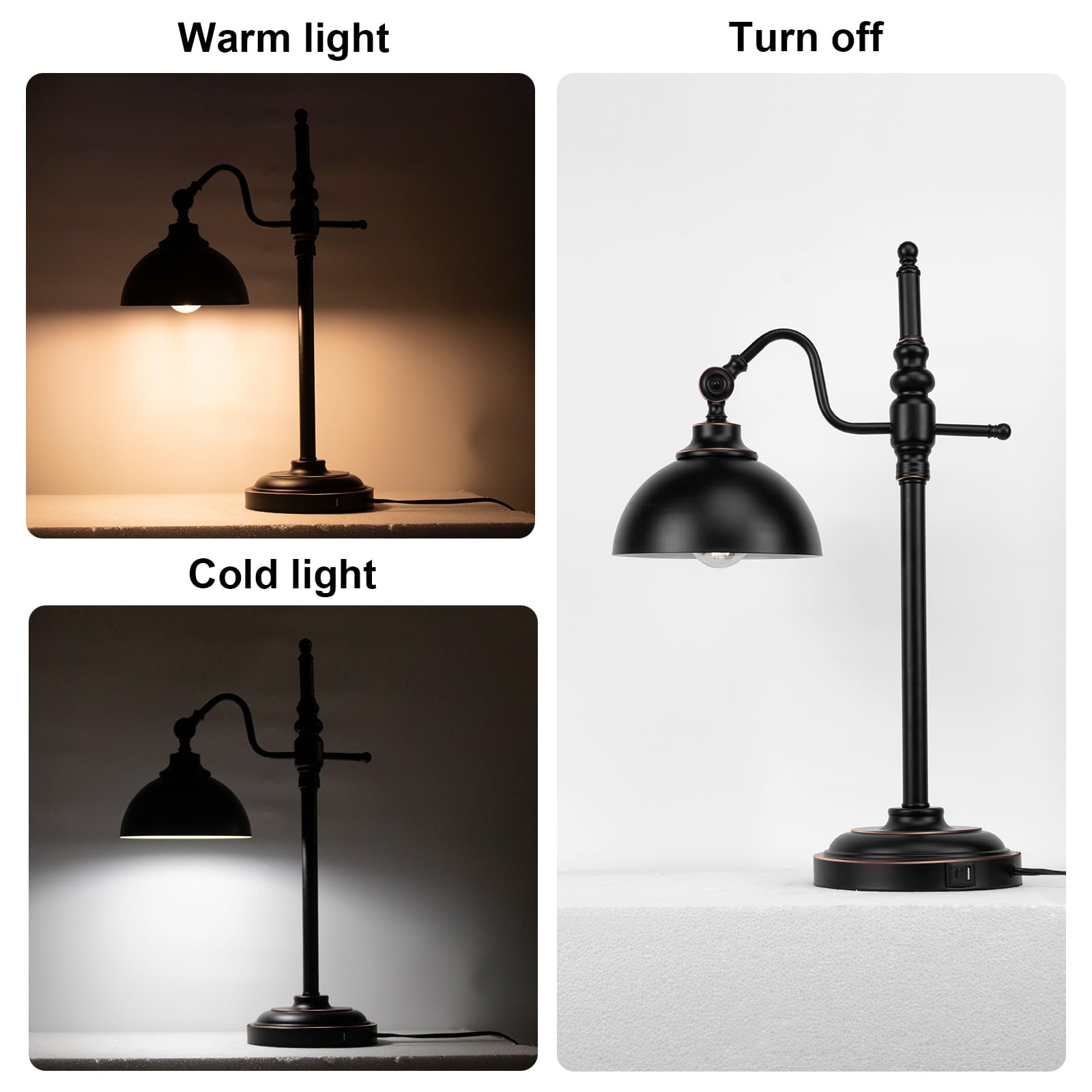 Jcpyiul 2 Pack Industrial Desk Lamp With 2 Usb Charging Port Black Metal Rustic Table Lamp For Reading With Adjustable Head Vint