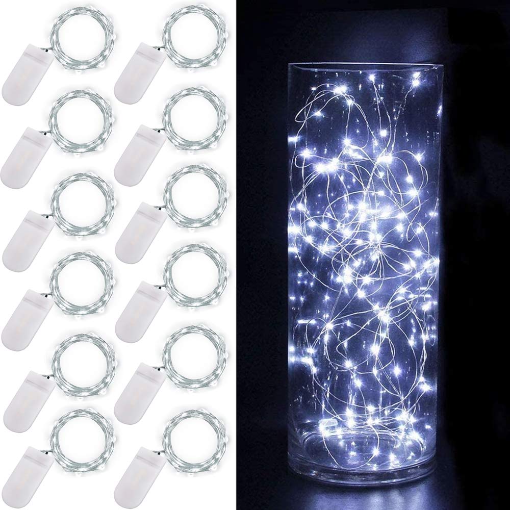 Ostwiki Fairy Lights, 12-Pack Mini String Lights, 20 LED, 7ft, Battery Operated, Copper, Cool White for DIY Craft, Wedding, Christmas
