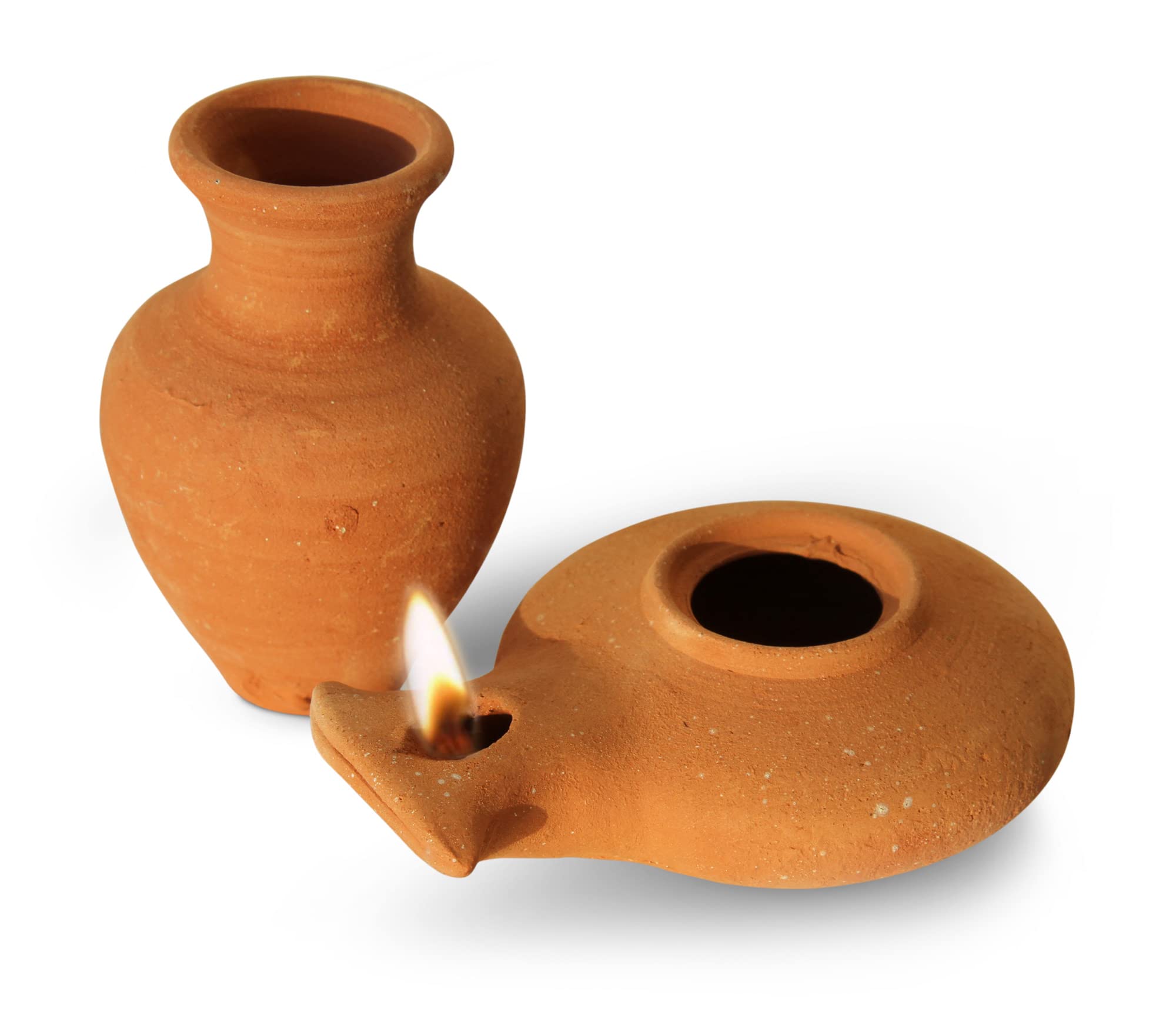 Biblical Clay Oil Lamp With Jar – Herodian Style Terra-Cotta Lamp – Handmade In The Holy Land – Ancient Replica From Archaeological Finds – Christian & Jewish Faith Artifact