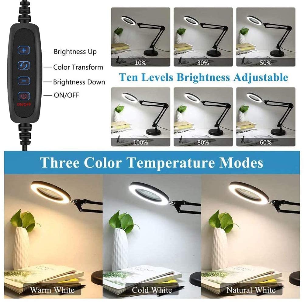 Dotlite Magnifying Glass with Light and Stand,2 in 1 Clamp 10X Magnifying Lamp, Craft Light Lamp Adjustable with 3 Color Modes L