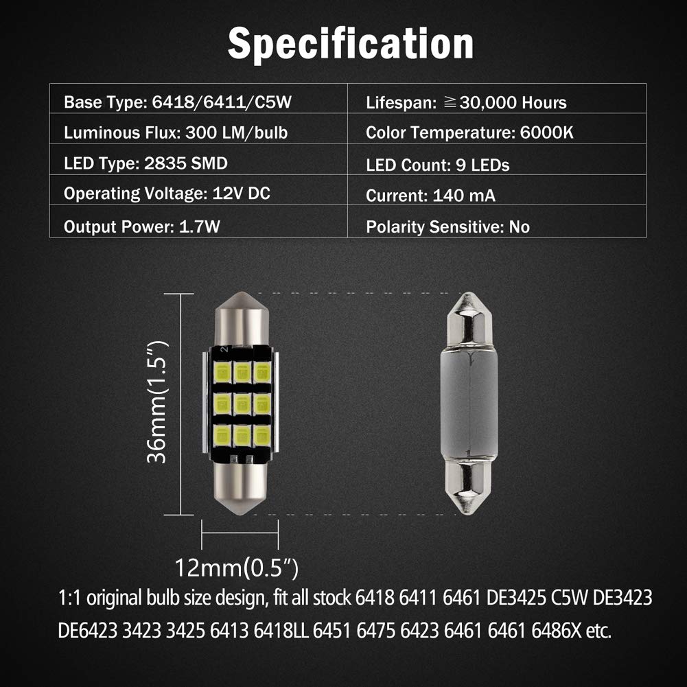 Brishine 4Pcs 6418 Led Bulbs, Super Bright 2835 Chipsets Canbus Error Free 36Mm 1.5    Festoon 6461 De3425 C5W Led Bulbs For Car