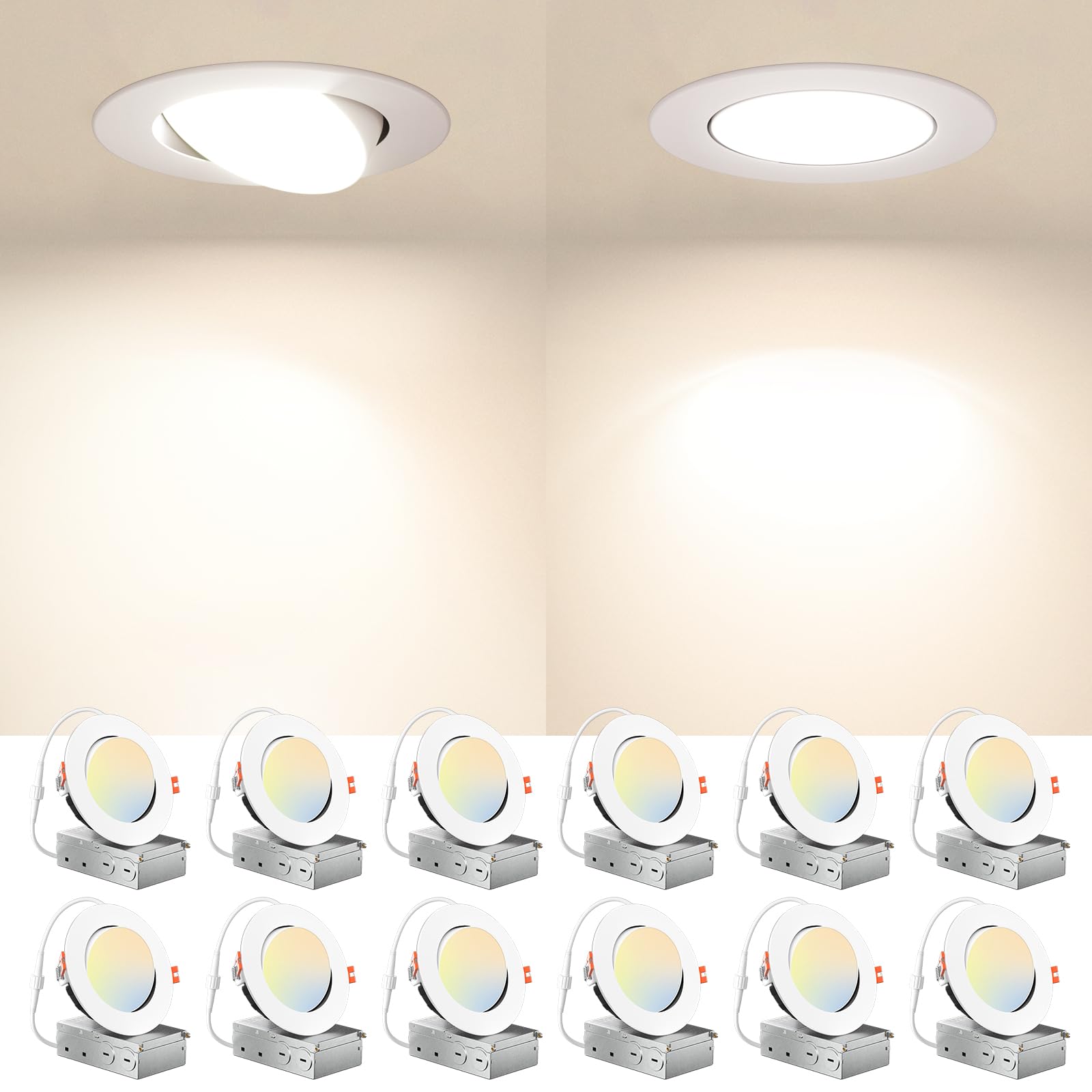Amico 12 Pack 4 Inch 5Cct Gimbal Led Recessed Lighting, Directional Adjustable Ceiling Downlight, Angled Dimmable Canless Light With Jbox, 2700K-5000K Selectable, 10W=70W 800Lm, Etl&Fcc