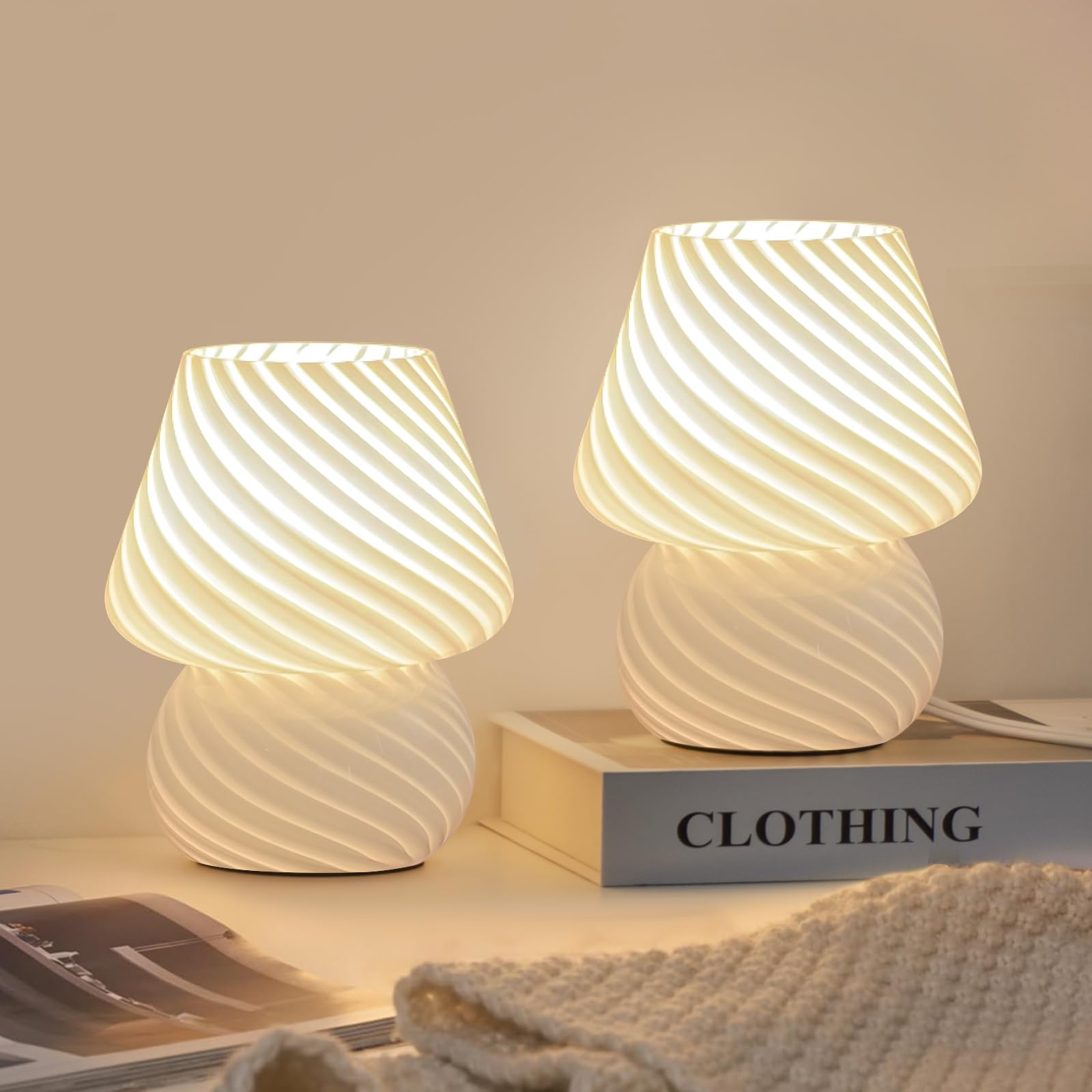 Onewish Mushroom Lamps Set Of 2 - Small Bedside Table Lamp With Striped Glass, Nightstand Lamp For Bedroom, Living Room, Bulb In