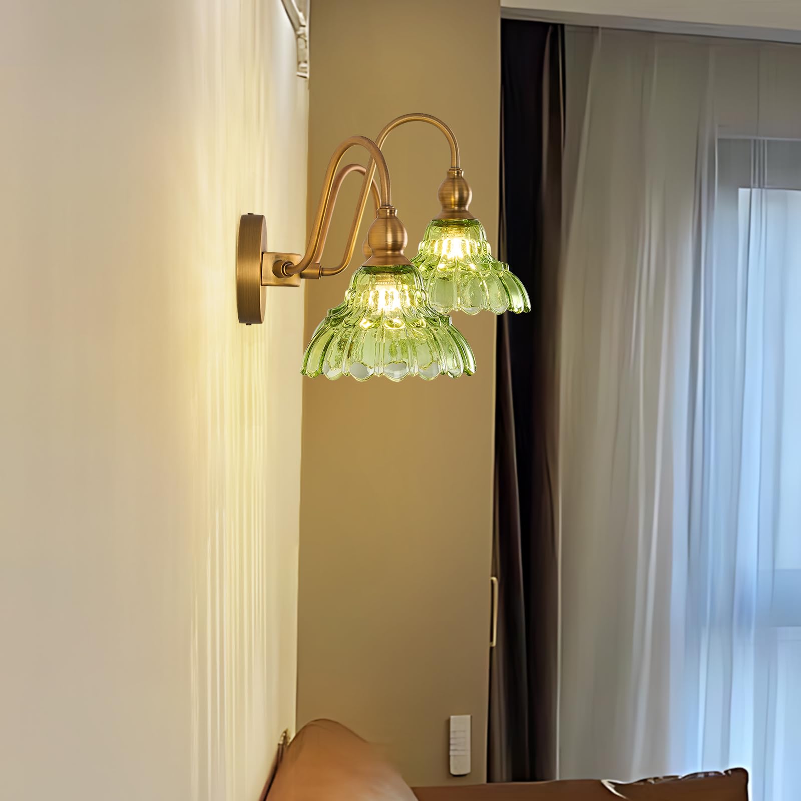 TLOLGT Vintage 3-Light Bathroom Vanity Light Fixture - Green Glass Wall Sconces for Bedroom, Living Room, Kitchen, Model LS178-3