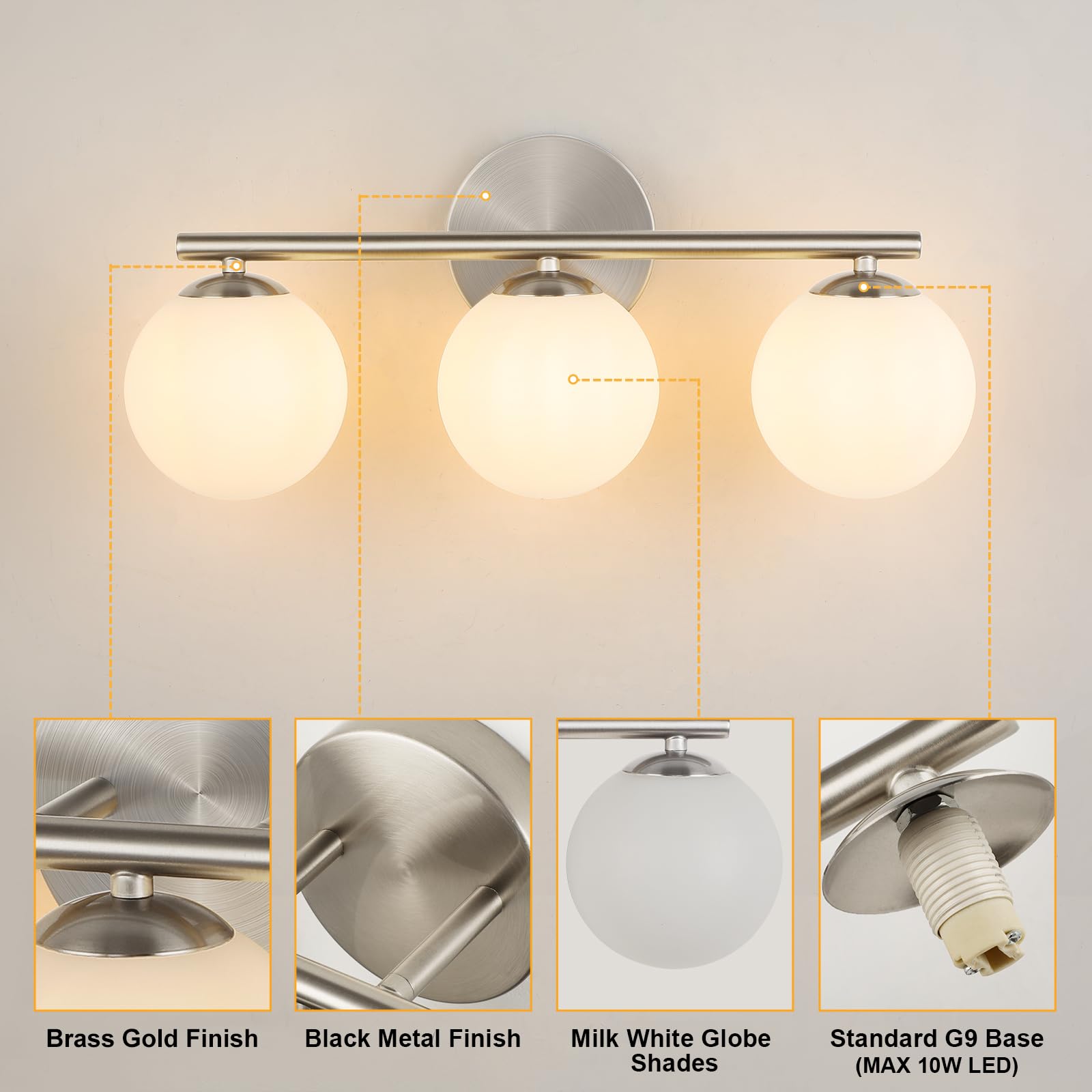 foucasal 3-Light Brushed Nickel Bathroom Vanity Light Fixture - 11.81" Globe Shades, Metal and Plastic, Model ULYQBD47-3C