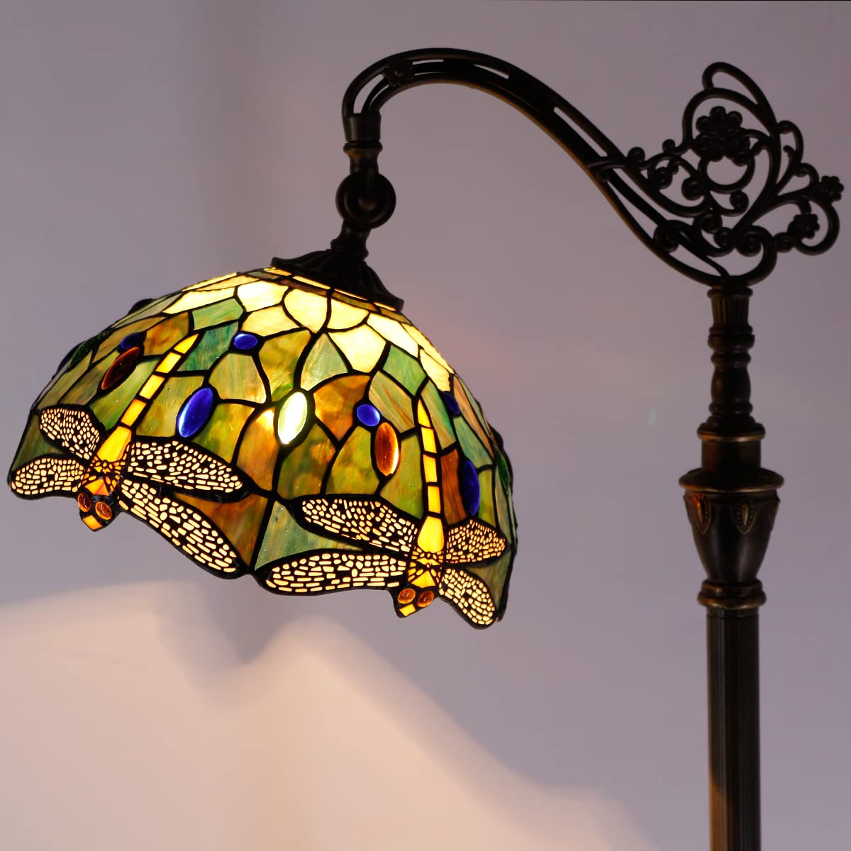 ZJART Tiffany Floor Lamp - Adjustable Arched Gooseneck, Stained Glass, Amber Yellow Dragonfly, 18.88"x12"x67", Model Z04E21F12