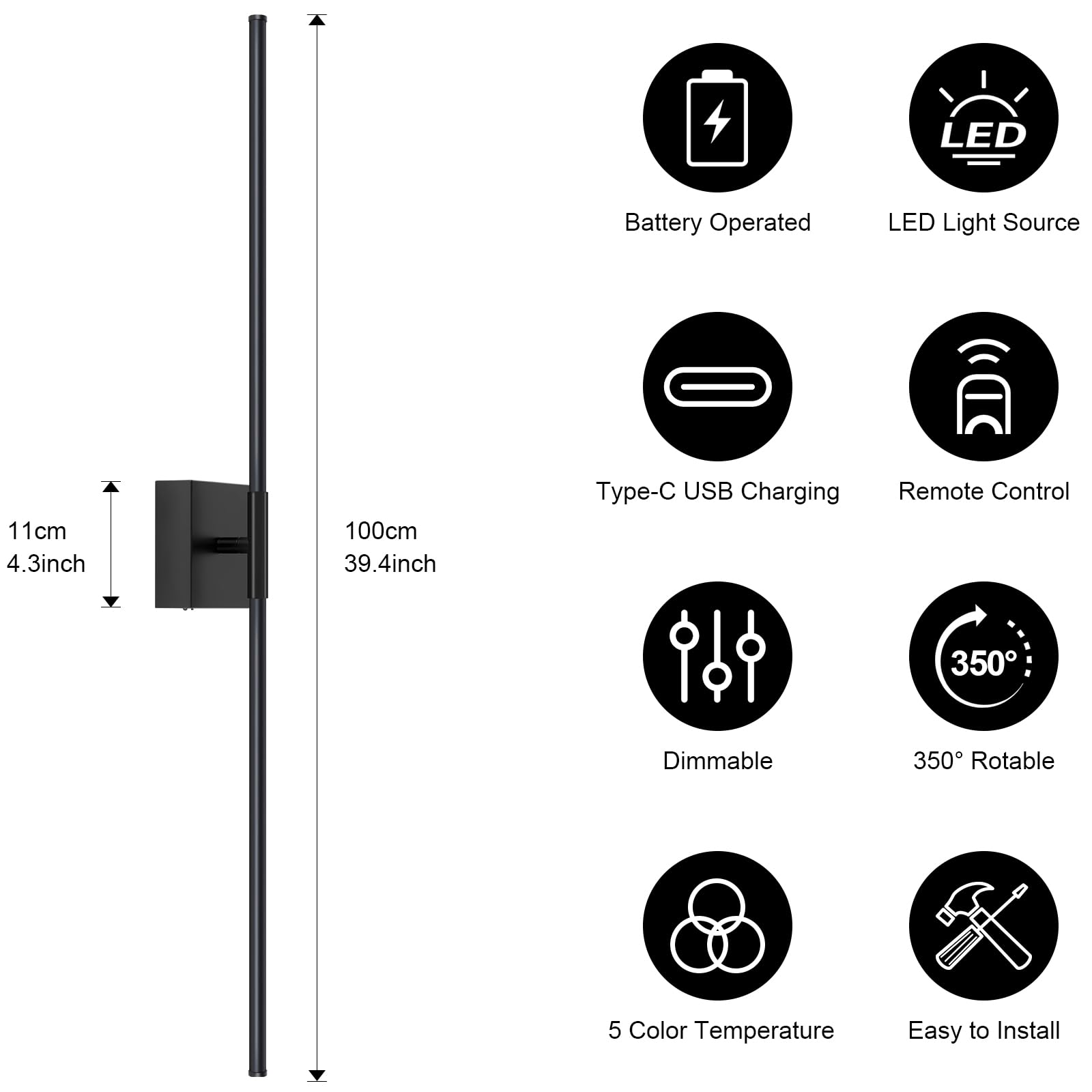 JZEKVN Wall Sconces Set of Two, 39.4in Dimmable Black LED Lights, Battery Operated, 350° Rotation, Model 20241114002
