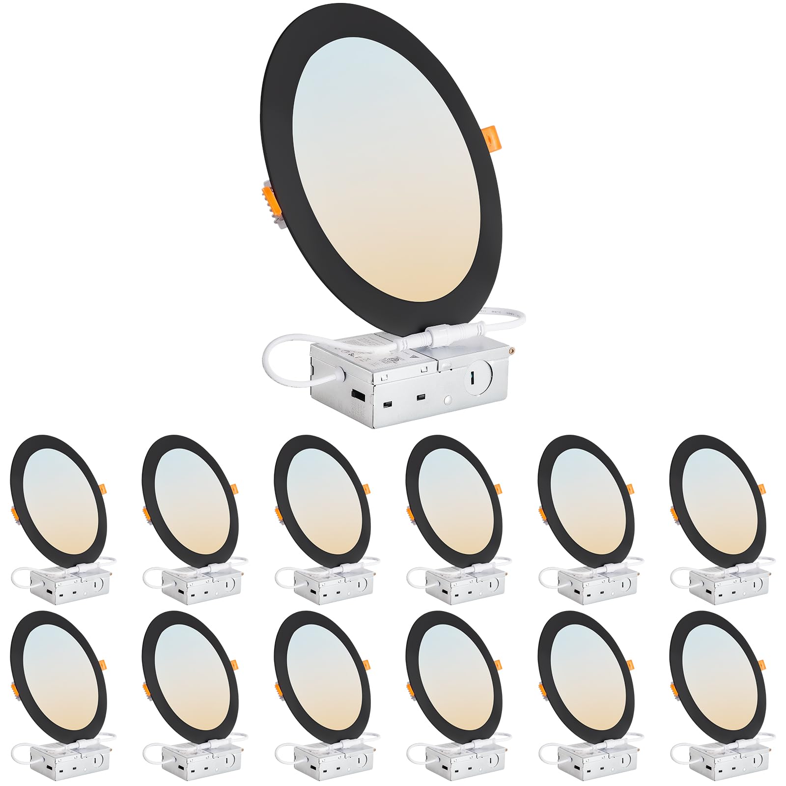 Dllt Led Recessed Ceiling Lights: Black 12 Pack 8 Inch 5Cct Ultra-Thin Lighting With Junction Box For Bedroom - 1800Lm Brightness 18W Eqv 170W Dimmable Canless Wafer Downlight With Etl&Fcc