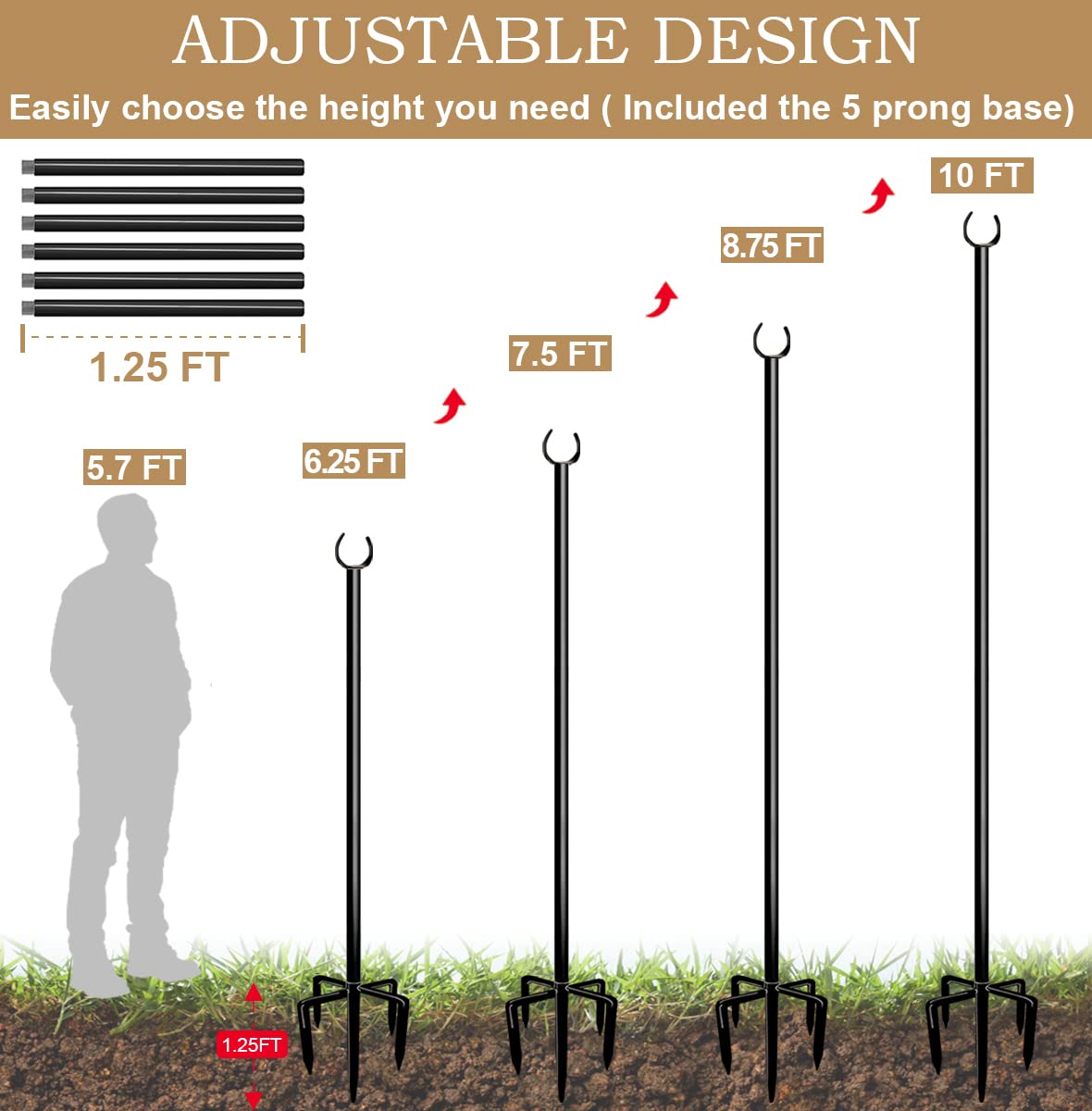 Sprimden 10Ft String Light Poles For Outdoors, Outside Light Poles With 5-Prong Base, Suit For Garden, Backyard, Patio, Outdoor Lighting, Matte Black, 1 Pack