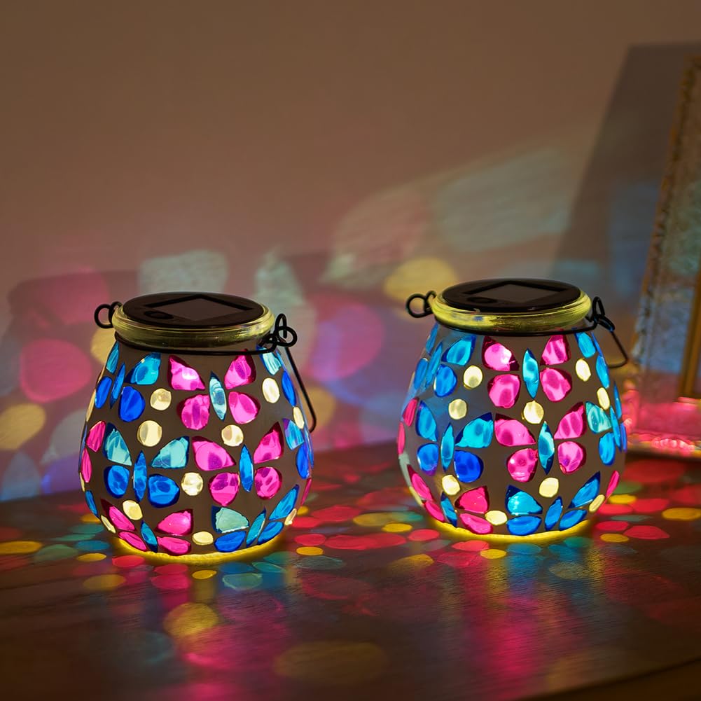 Stargarden 2 Pack Mosaic Solar Lanterns, Glass Hanging Lantern Waterproof Outdoor Hanging Solar Lights Butterfly Decorative Lant