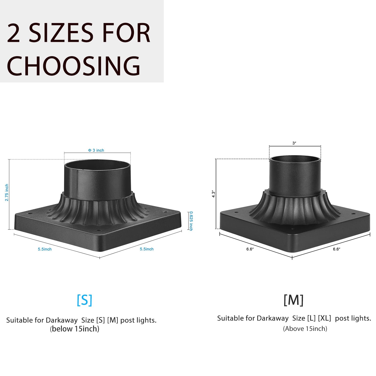 Darkaway 2Pcs Outdoor Post Light Base Mount, Post Light Adapter 3'' Large Pier Mount Base With Matte Black Finish For Deck Porch