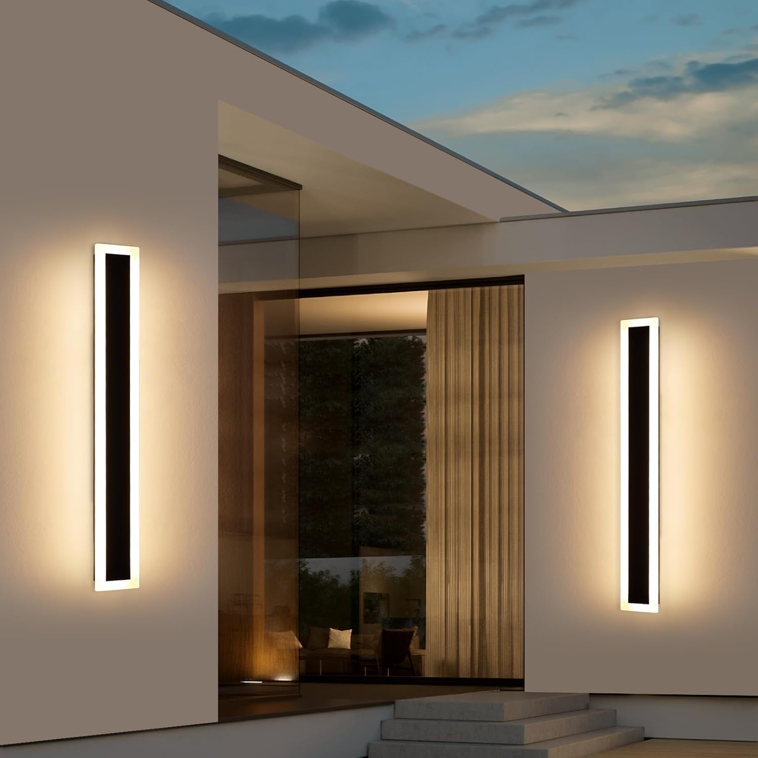 Upgrade Widened 2 Pack Modern Outdoor Wall Lights  39.3inch Long Linear LED Wall Sconce  3000K Warm White  IP65 Waterproof  36W  Minimalist Black Exterior Lamp Fixture for Porch  Garden  Bathrooms