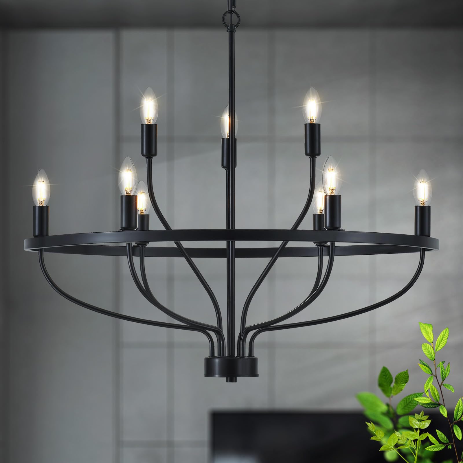 Widluth Industrial Black Chandelier, 30in Vintage 9-Lights Candle Style Fixture for Dining Room, Kitchen, Living Room, Bedroom