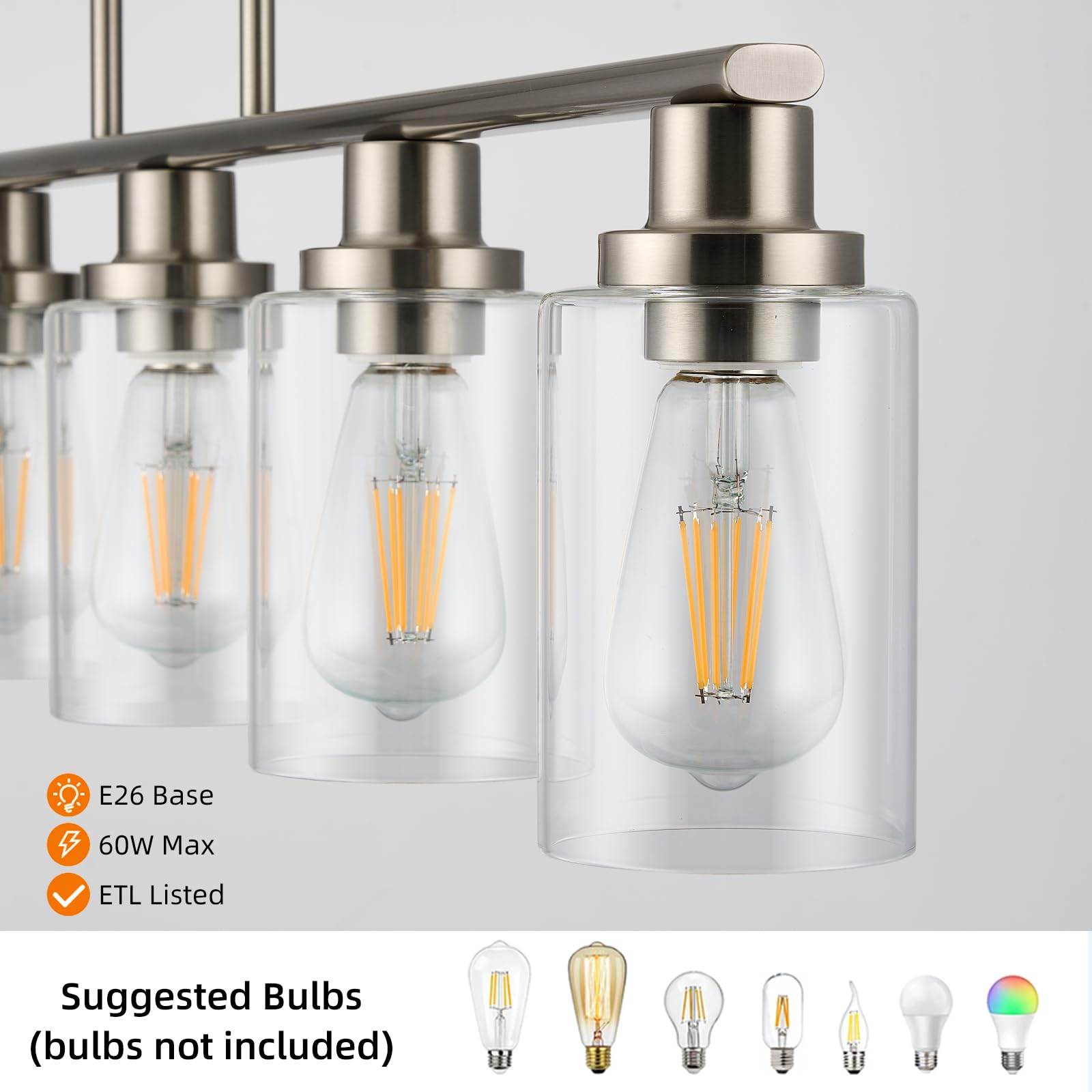 KPIOK 4-Light Kitchen Island Lighting Chandelier, Satin Brushed Nickel, Metal with Clear Glass Shade, Model BB003P-