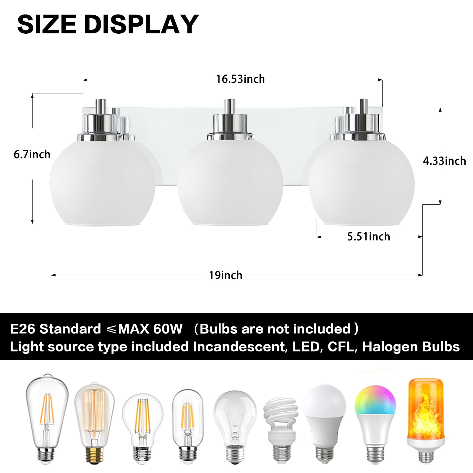 Tuscarora Bathroom Light Fixtures, Chrome Vanity Light 3 Light Bathroom Vanity Light With Milk Glass Shade,Bathroom Light Over Mirror,Bathroom Lighting Fixtures For Mirror