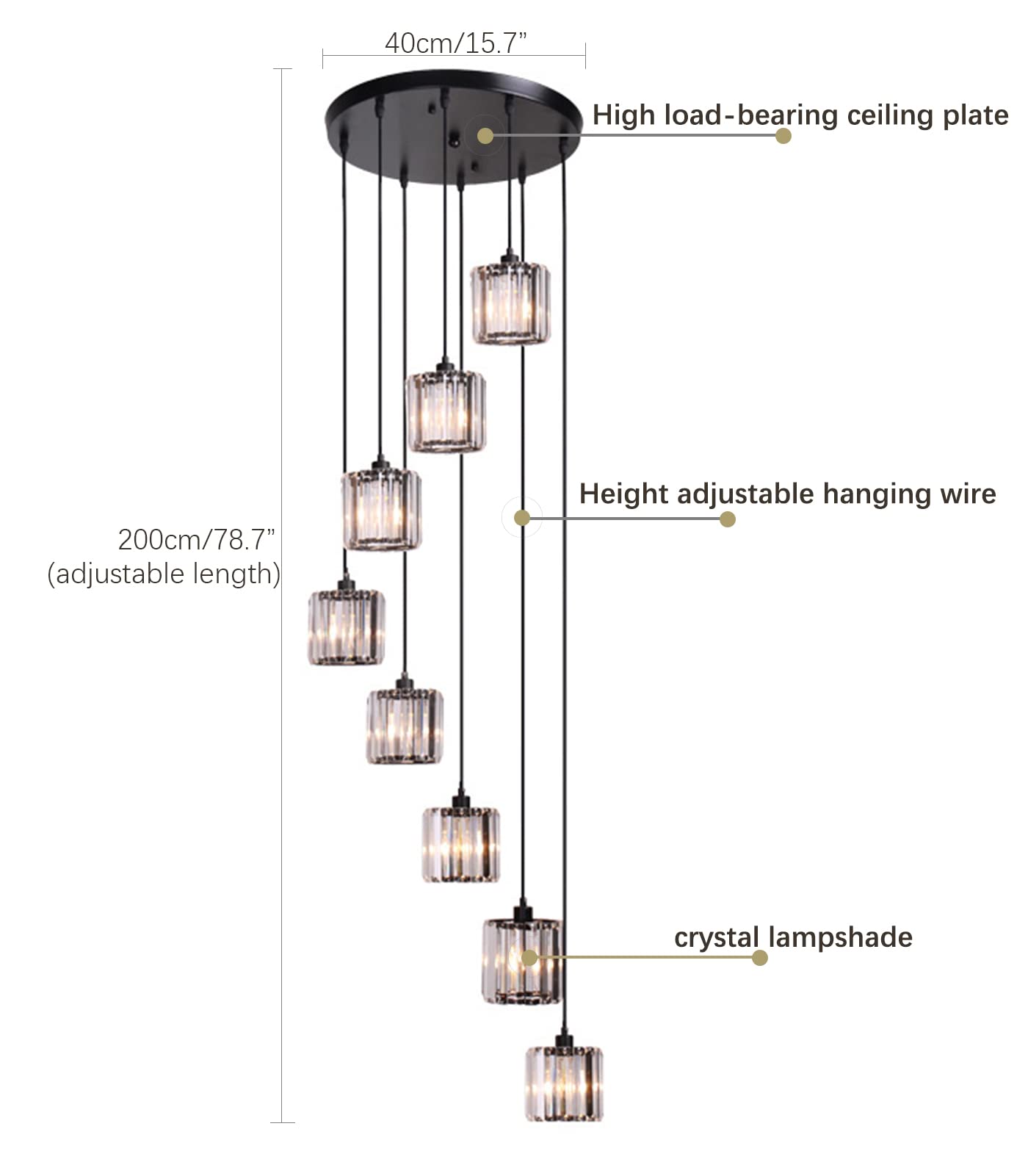 Meimond Modern Crystal Pendant Light, 8 Lights, Black Metal Raindrop Chandelier for High Ceilings, Foyer, Living Room, Model LTD-10
