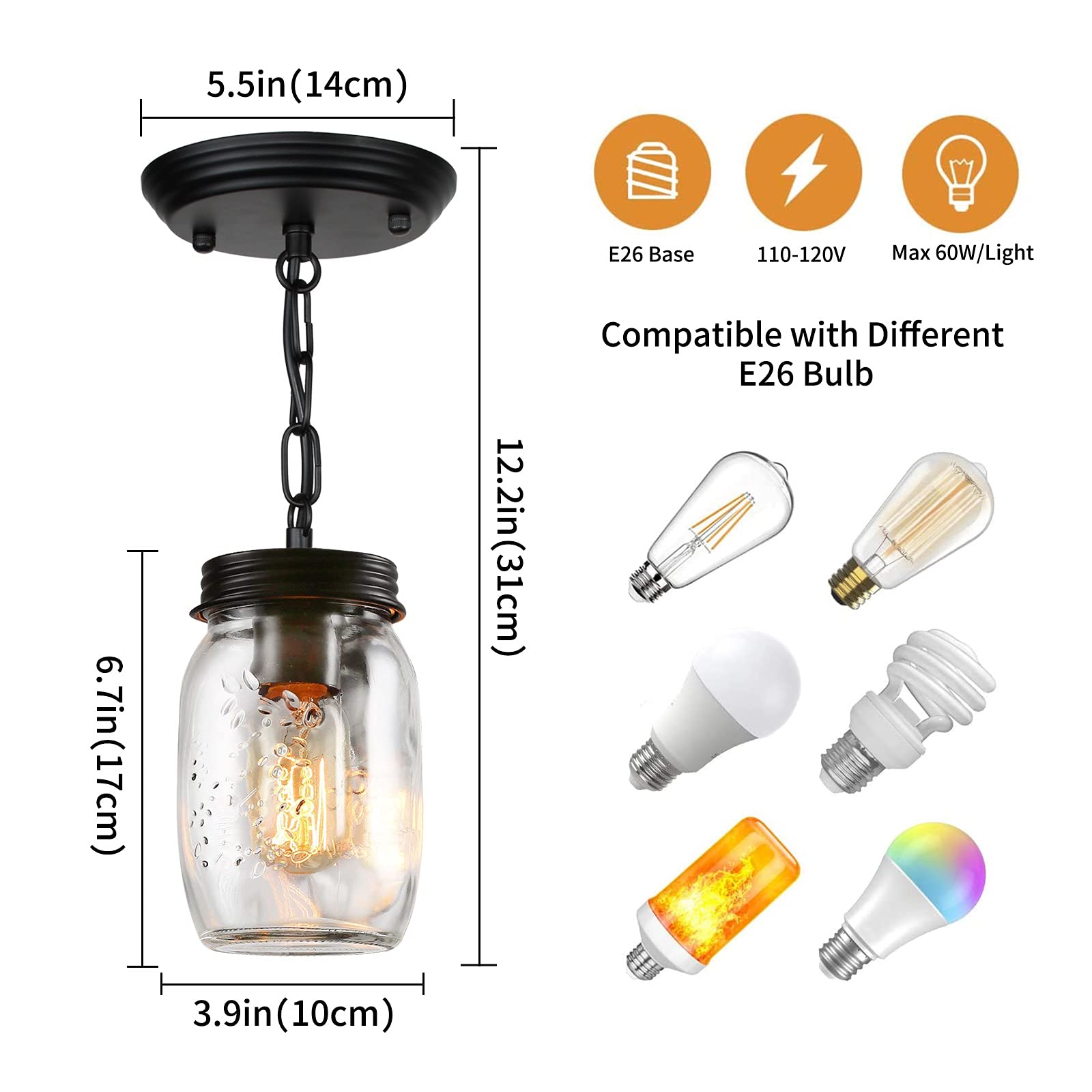 PUZHI HOME Glass Mason Jar Pendant Light Fixture, 1-Light Metal Lighting for Kitchen, Dining Room, Hallway - Black, Model 3