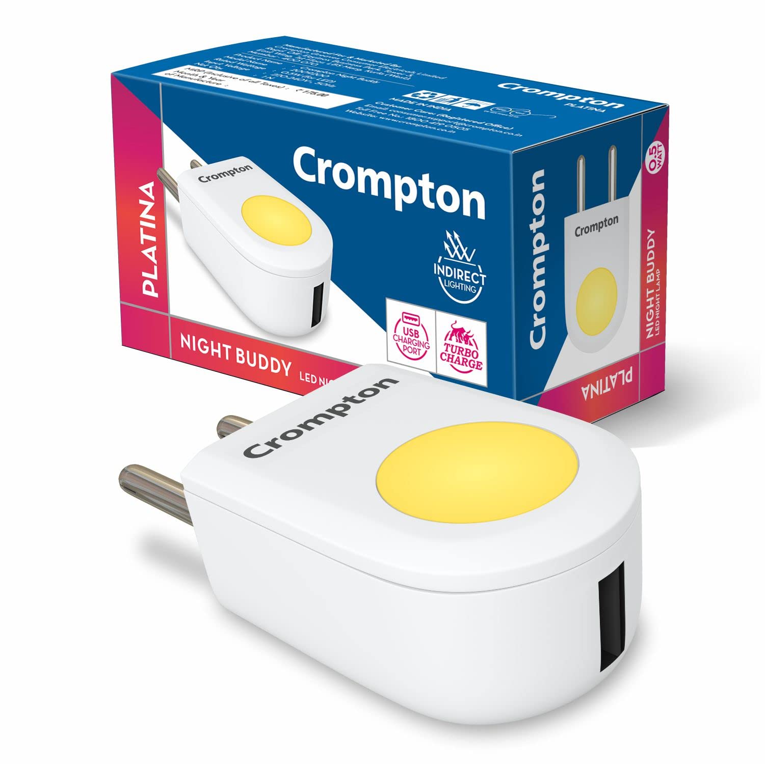 Crompton Night Buddy 0.5 Watt Night Lamp with USB Charging Adapter Port (Warm White) Pack of 1