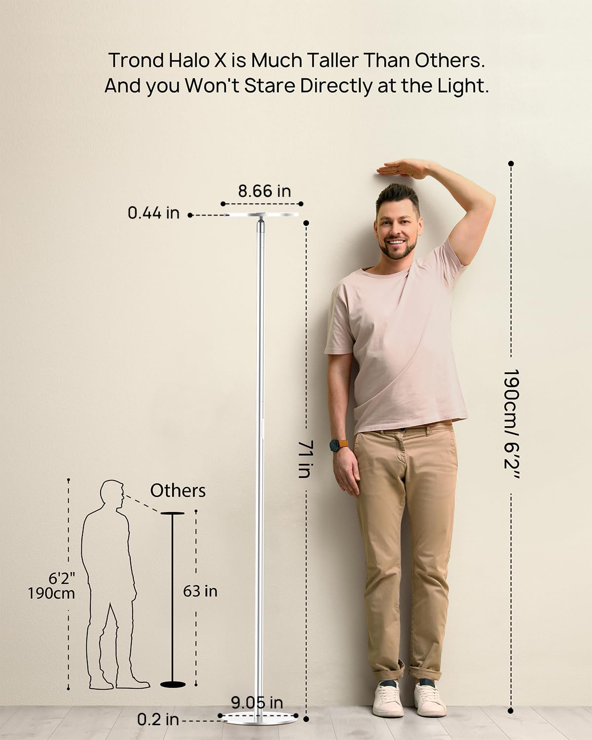 TROND Floor Lamp - 5000LM LED Torchiere, 71" Tall, Warm White 3000K, Dimmable, Aluminum, Silver, Model Halo X