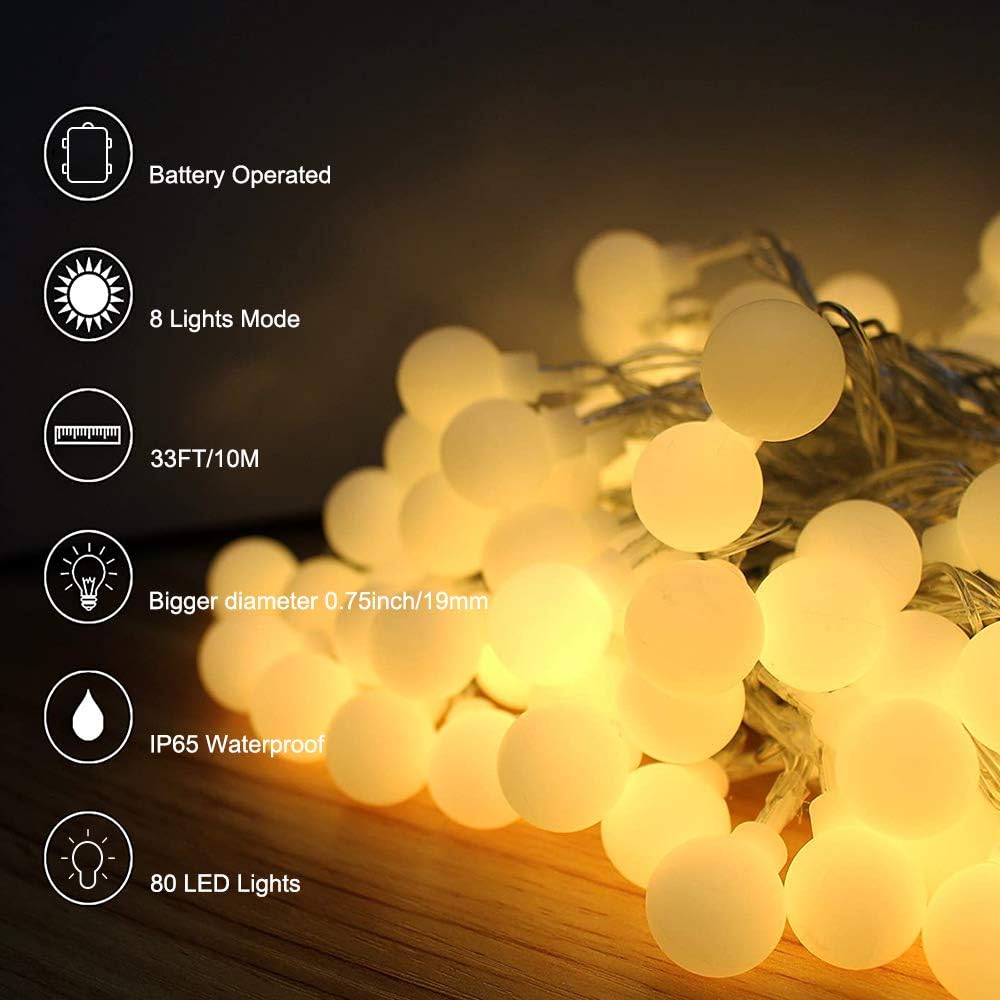 YoTelim Globe String Lights, 33FT, 80 LED, Battery Operated, Warm White, Waterproof, 8 Modes with Remote Control, 1 Pack