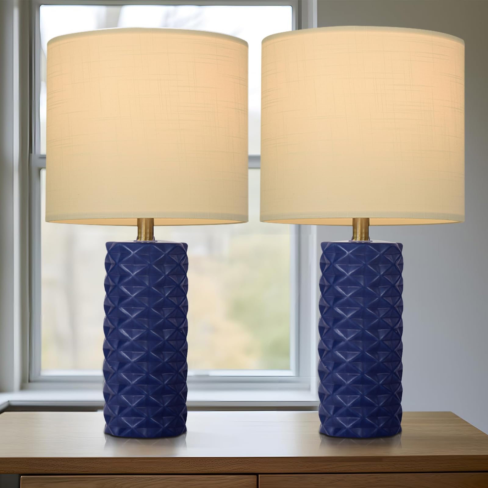 Hgnpjc Navy Ceramic Table Lamp 20'' Modern Nightstand Lamps Set Of 2 Navy Blue Lamp With Fabric Shade Bedside Table Lamp For Liv