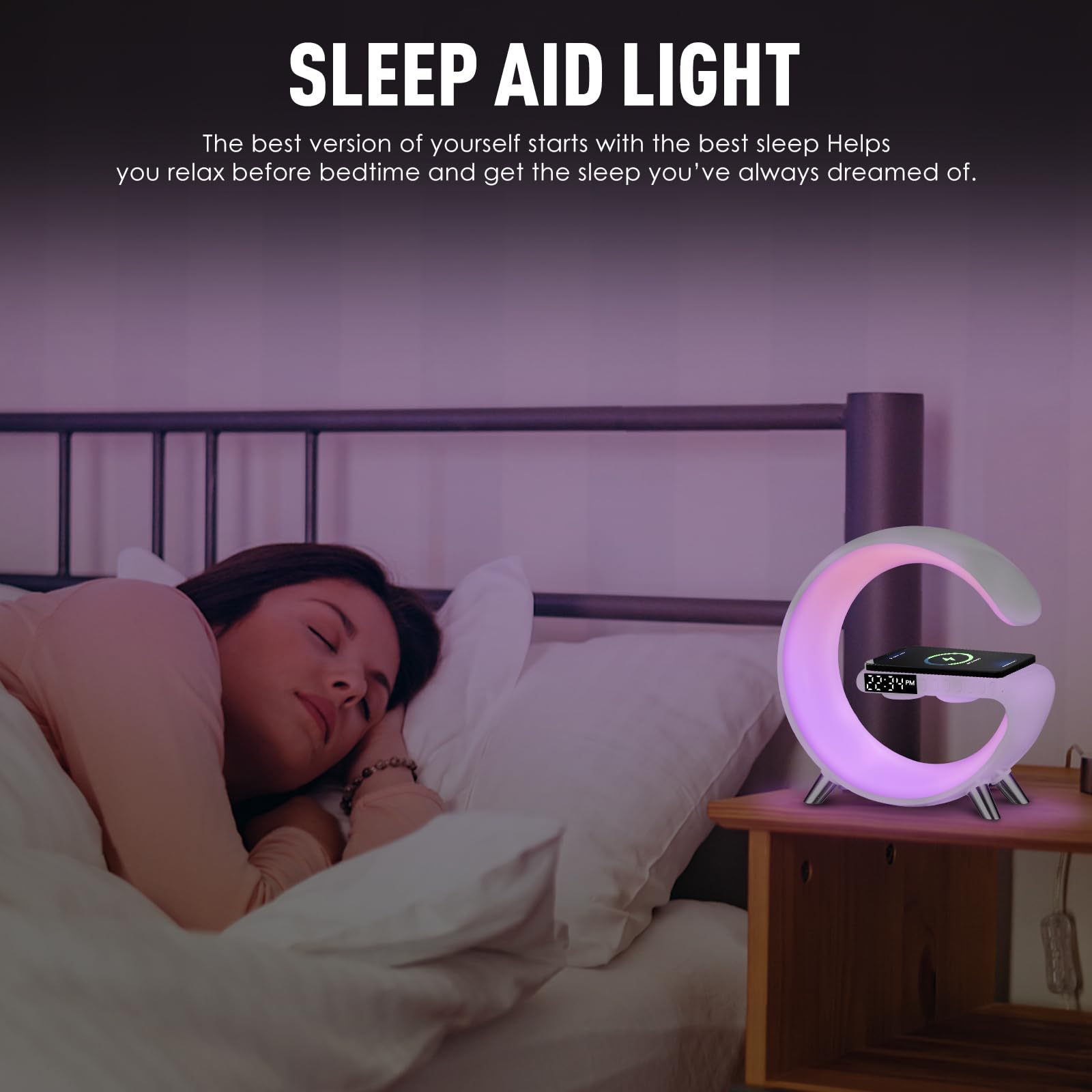 LeeNabao Smart LED Table Lamp with Wireless Charger, Bluetooth Speaker, Alarm Clock, White, Model LTT20230512WHC230324001