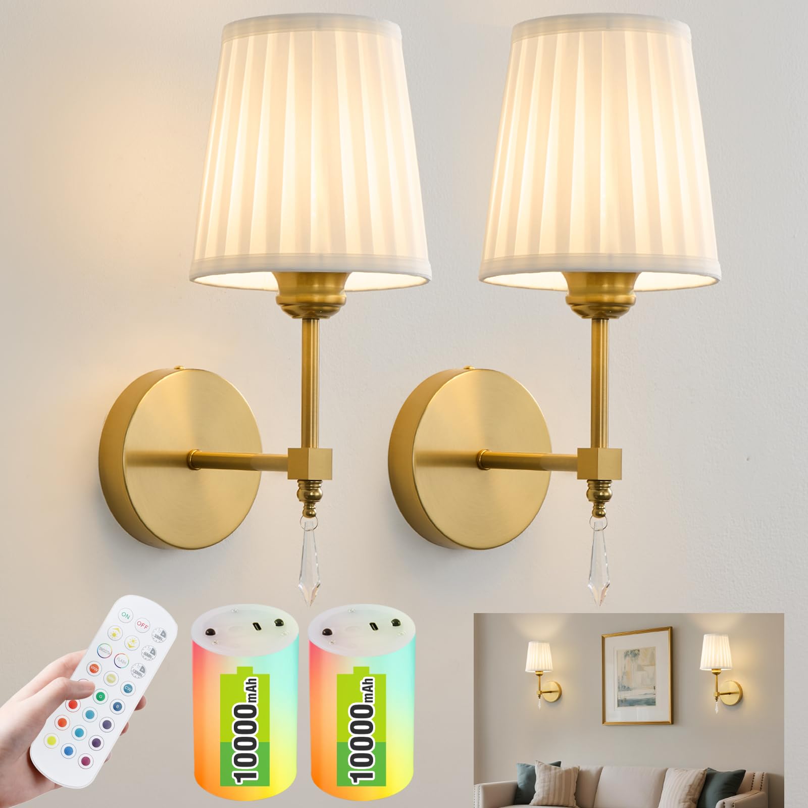 eypid Battery Operated Wall Sconce Set of 2, 10000mAh, Dimmable, RGB, Gold, Fabric, Model JB0030