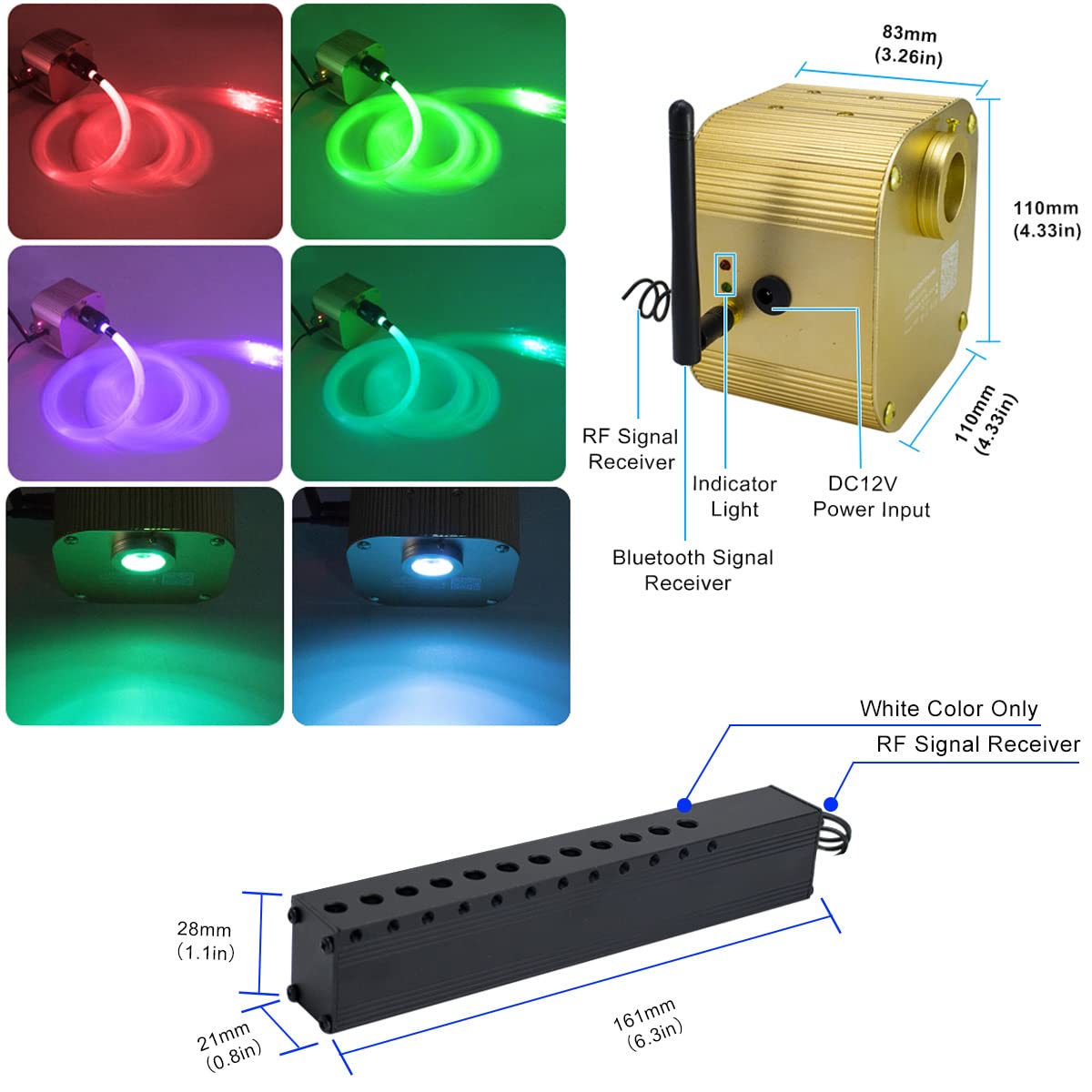 AZIMOM Bluetooth Fiber Optic Light Kit, 16W, 550pcs Strands, Gold, Model QJ-L016, Meteor Effect, Remote Music Mode