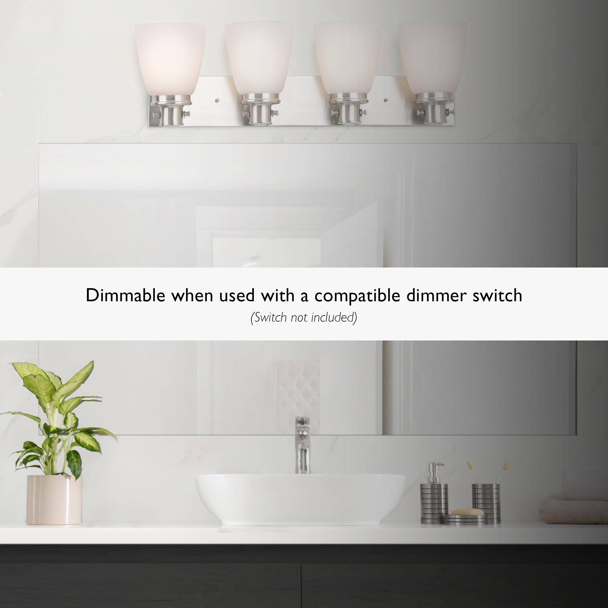 Design House 4-Light Vanity Light, Frosted White Glass, Dimmable, Satin Nickel, 28.4in L x 7.4in W x 8.6in H,