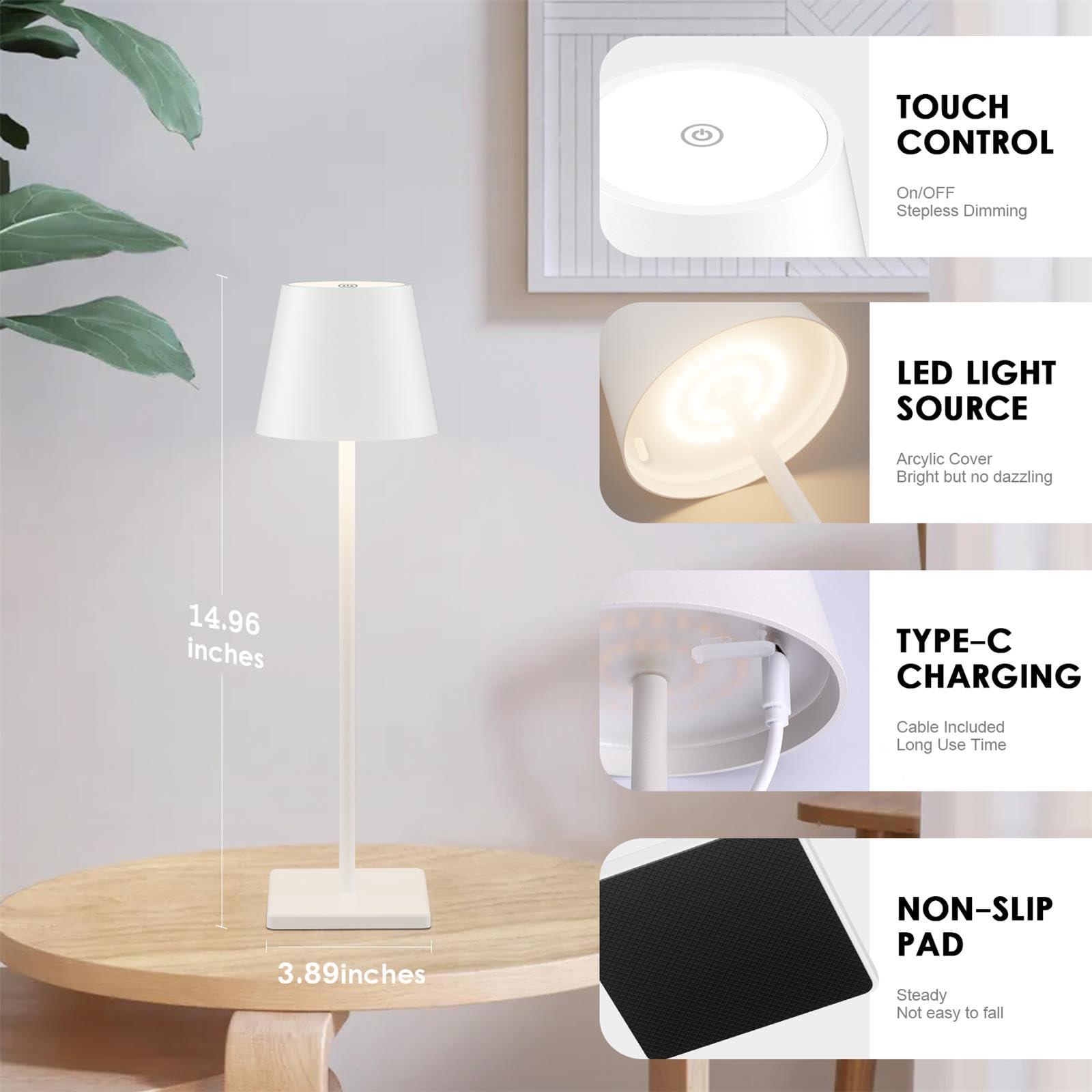 Aoceley Rechargeable Table Lamps, LED Cordless Light, 3W, 5500mAh Battery, Waterproof, 2-Pack, White-3000k, Model HT010