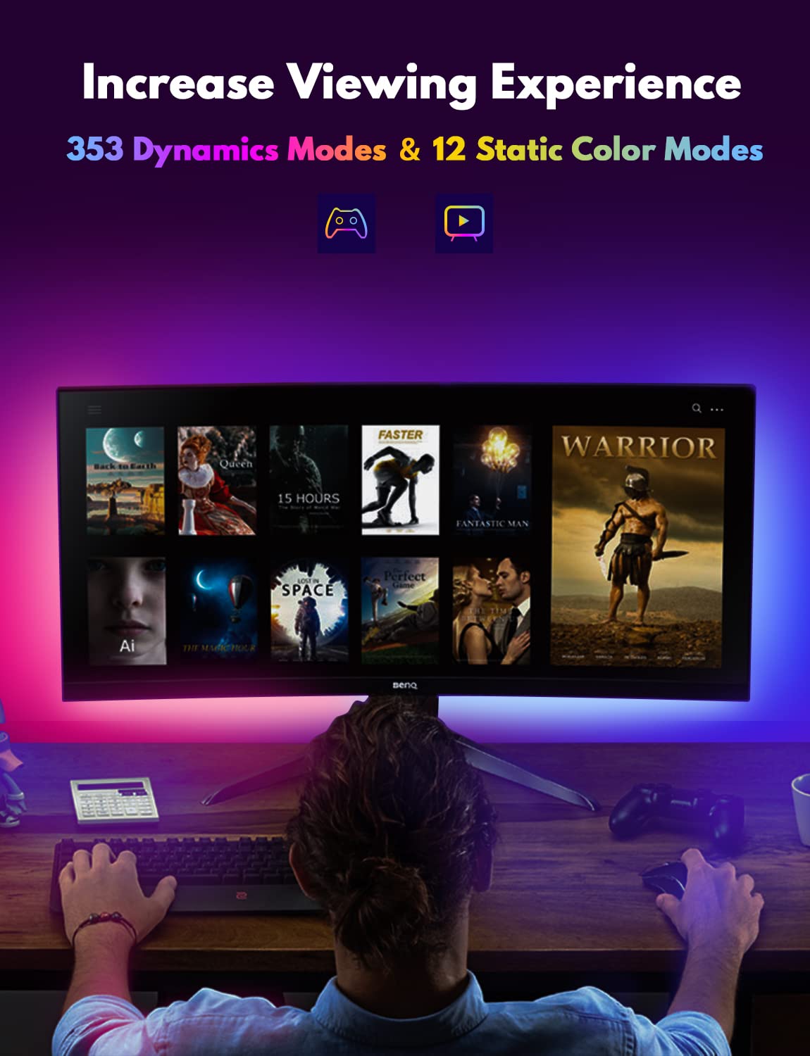 JUSJUBR Under Monitor RGB Light Bar, LED Desk Light, 12 Inch, Aluminum, Black, USB Powered, 353 Color Modes, Wireless Remote