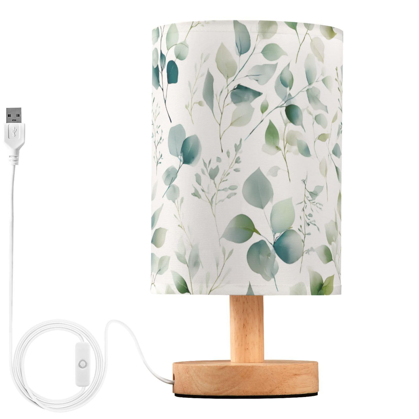 ALAZA Eucalyptus Leaves White Bedside Table Lamp with USB Port for Bedroom Nightstand Office Desk LED Bulb Included