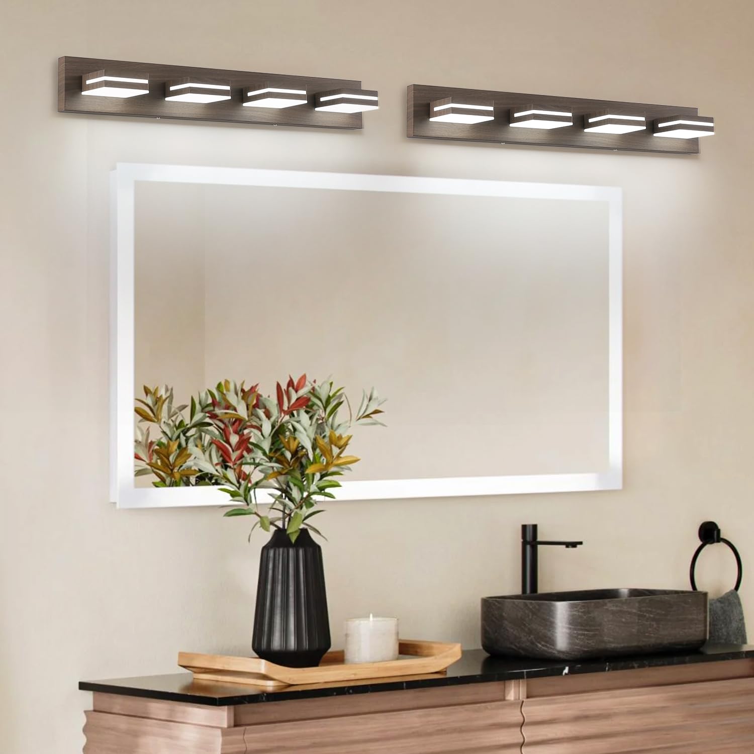 SineRise LED Bathroom Vanity Light - 4-Light, 30-Inch, Brown Wood, Stainless Steel, Cool White 6000K, Model c97a3430-f5af-4