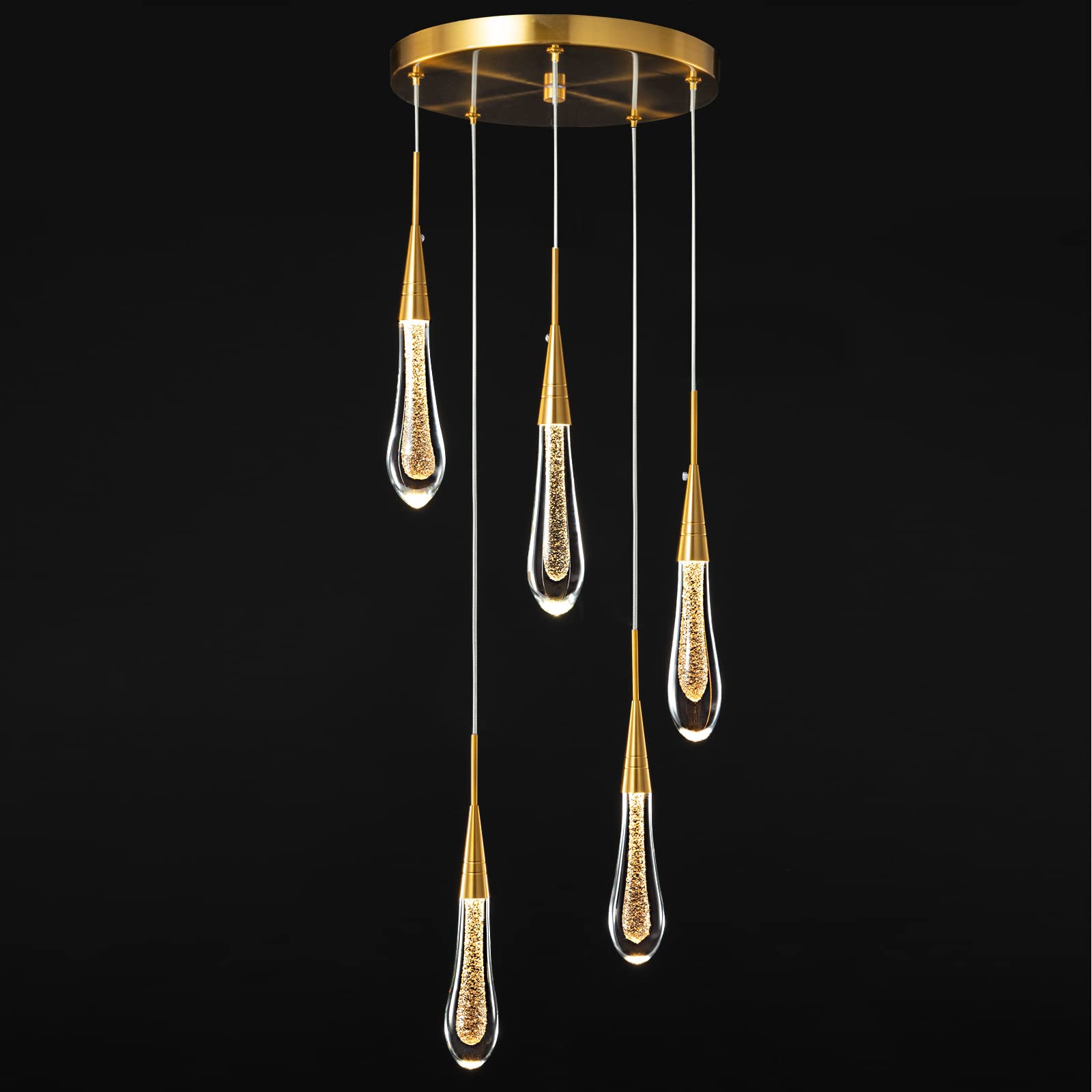 LMQNINE Kitchen Light Fixtures Ceiling Dimmable LED Modern Gold Pendant Light Mini Teardrop Crystal Pendant Light for Kitchen Island Bedroom Hallway Entryway (5-Light)