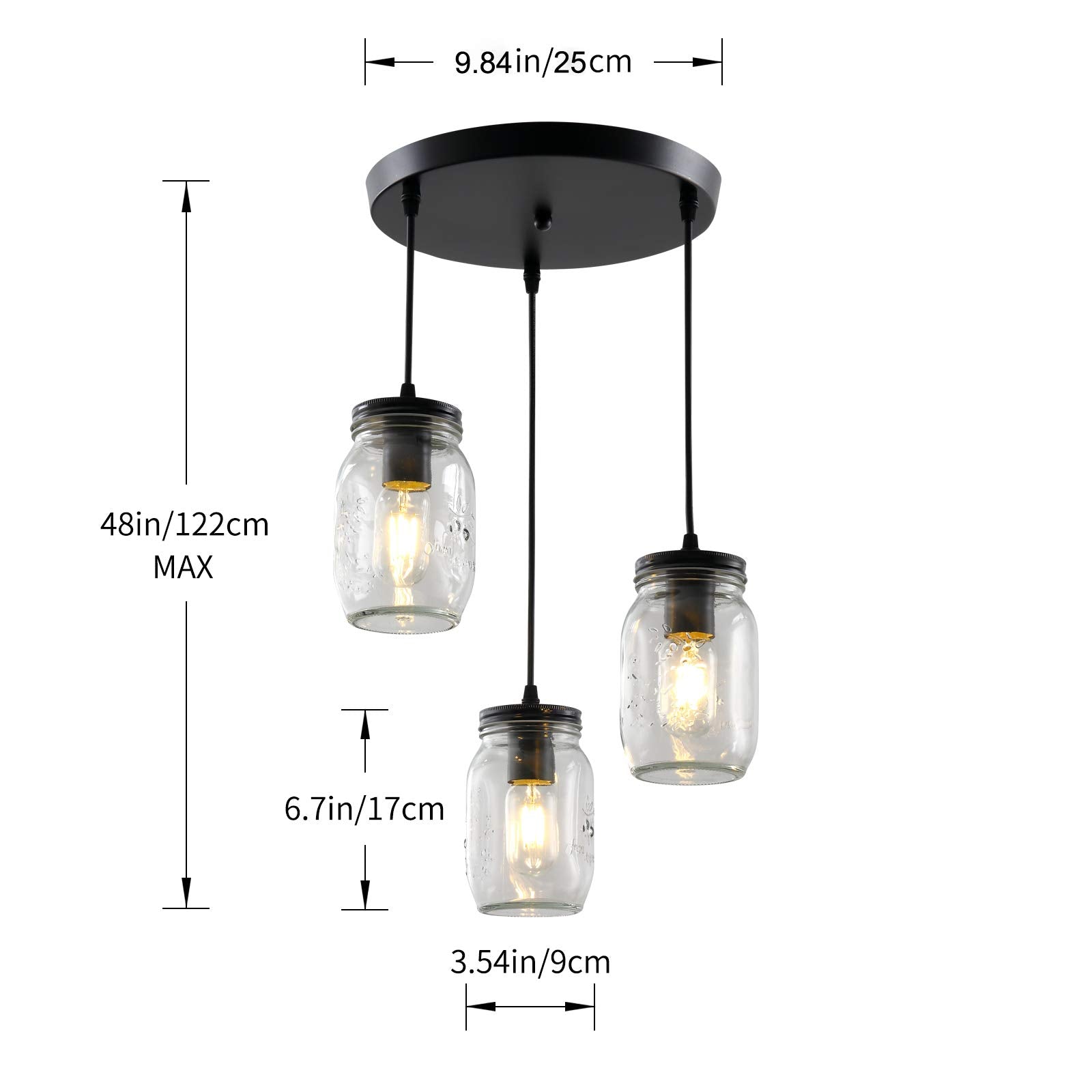 UShe DHome Mason Jar Pendant Light, 3-Light Adjustable Chandelier, Glass, Farmhouse Style, Model AY-0836-3P-BK, Ideal for Kitchen/Dining Room