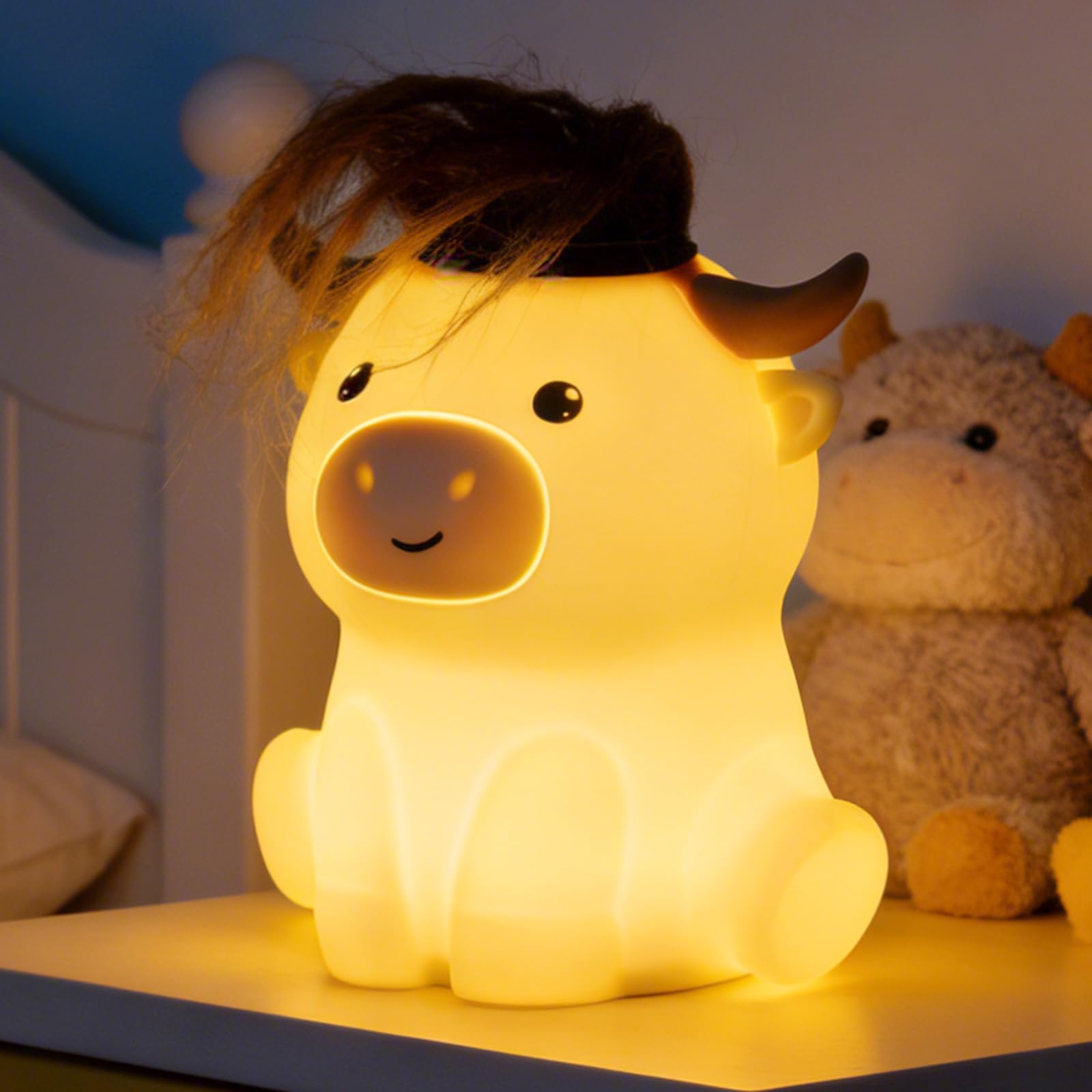 Amaredom Highland Cow Night Light, Cute Silicone Cow Lamp, Dimmable Rechargeable LED Bedside Lamp with 20 Minutes Timer & Tap Co