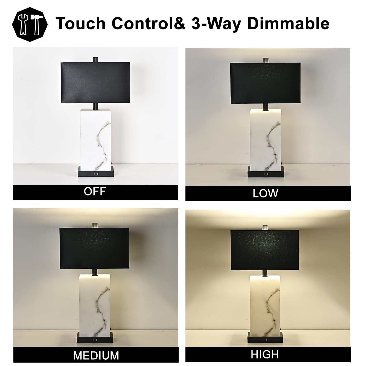 MoMyofdy 24” Black Touch Table Lamp Set of 2 with USB Ports, 3-Way Dimmable Nightstand Light, Faux Silk Shade, Model TL22021