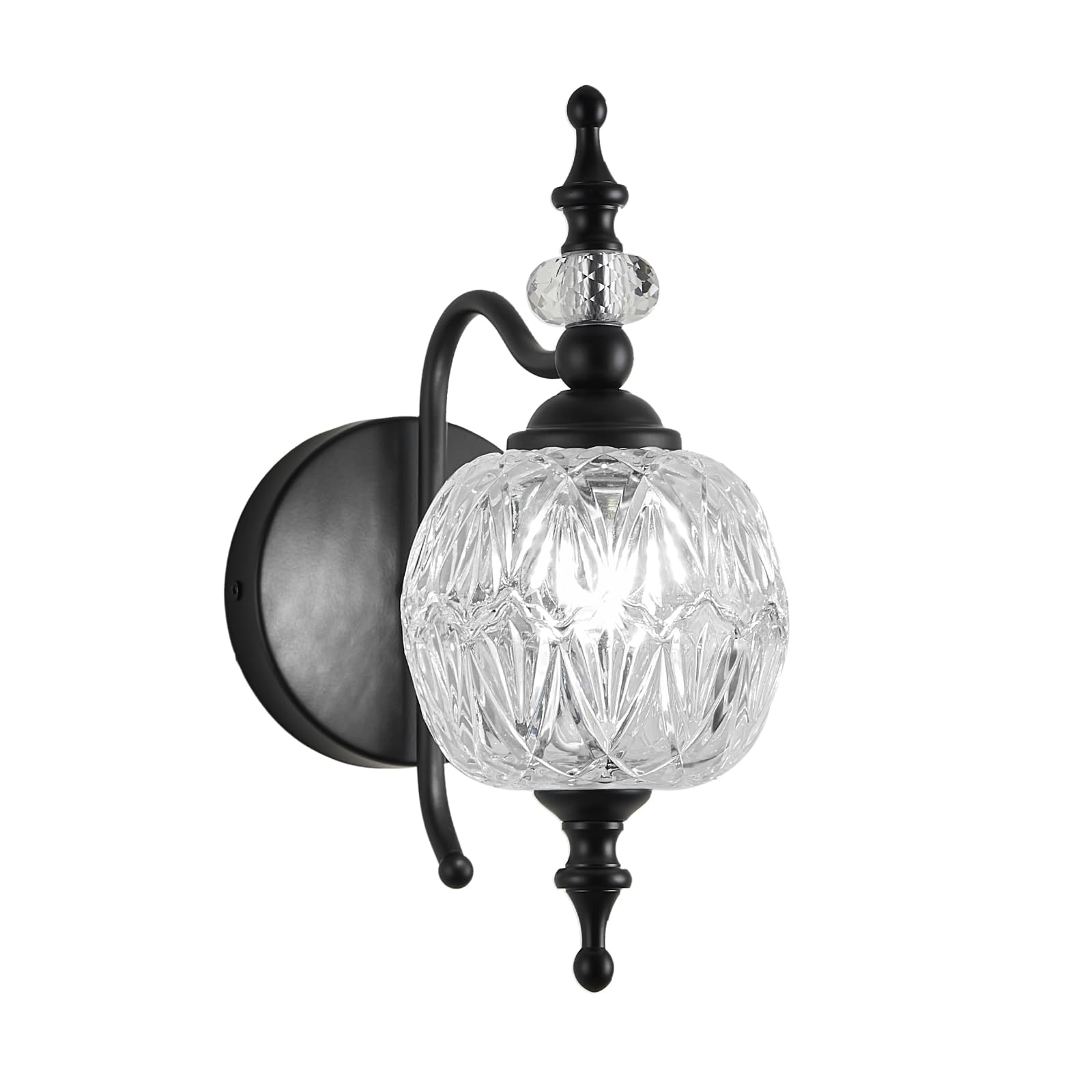TLOLGT 1-Light Wall Light Fixture, Black Iron with Crystal Glass Shade, Model W233-1B, Vintage Design for Bathroom, Bedroom, Living Room