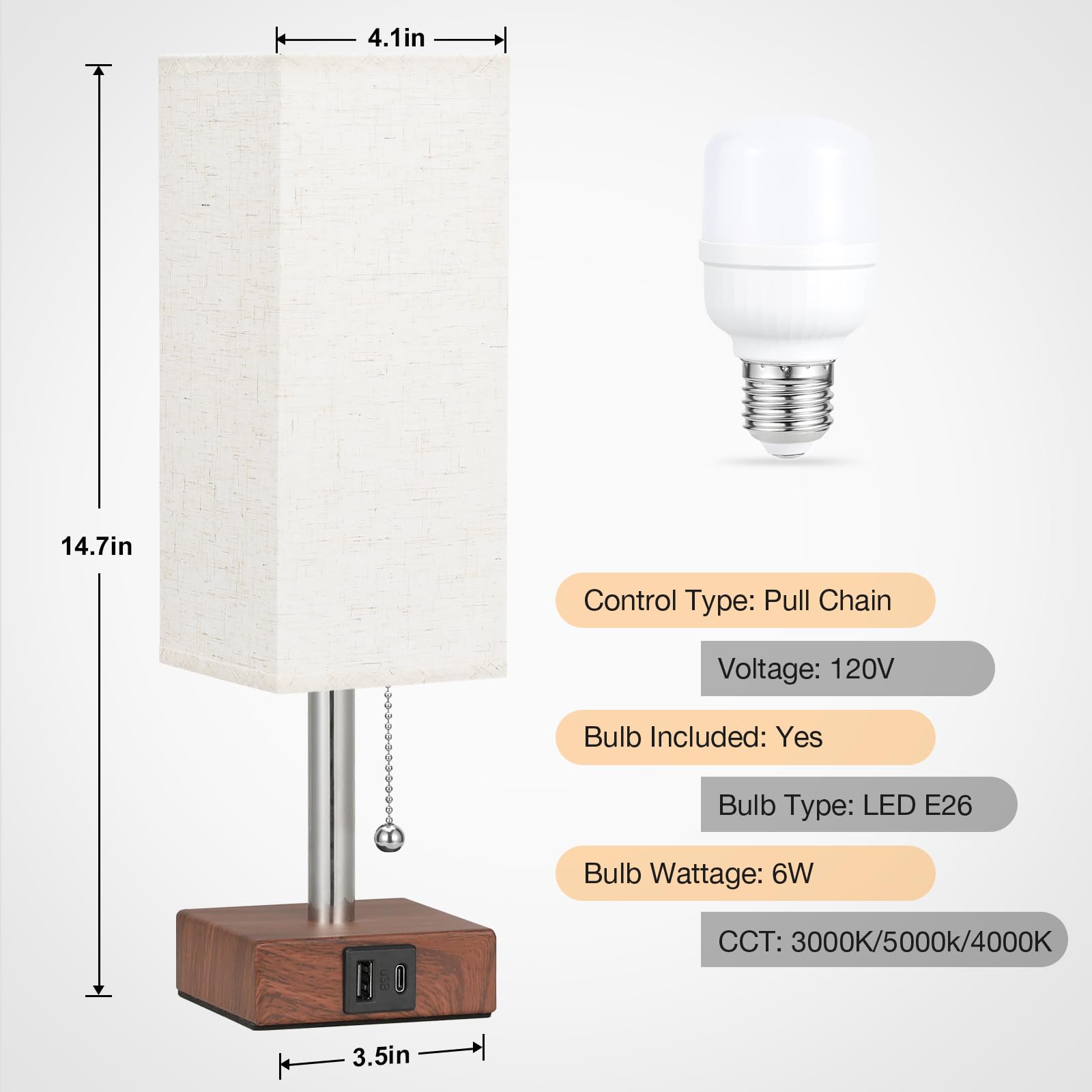 Aooshine Red Brown Small Table Lamp For Bedroom - 3 Color Temperature 3000K 5000K 4000K Bedside Lamp, Pull Chain Control, Usb A