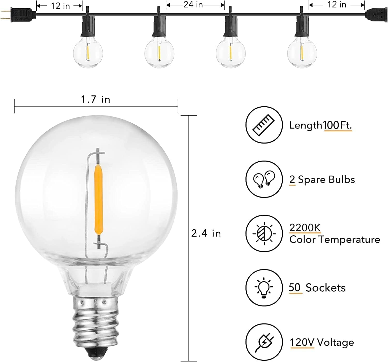 Brightown 100FT Outdoor String Lights - 50 LED G40 Globe Bulbs, Weatherproof, Black, Model GYPC-O50LAU