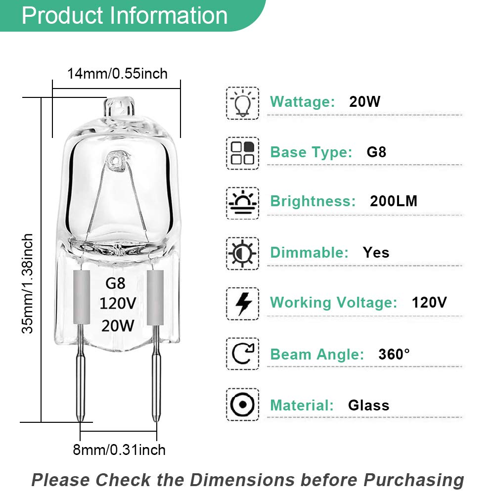 Taiyaloo G8 Halogen Light Bulbs 20W Dimmable 120V G8 Base 2Pin Xenon Bulb (12 Pack) T4 Jcd Type Warm White Under Cabinet Puck Li