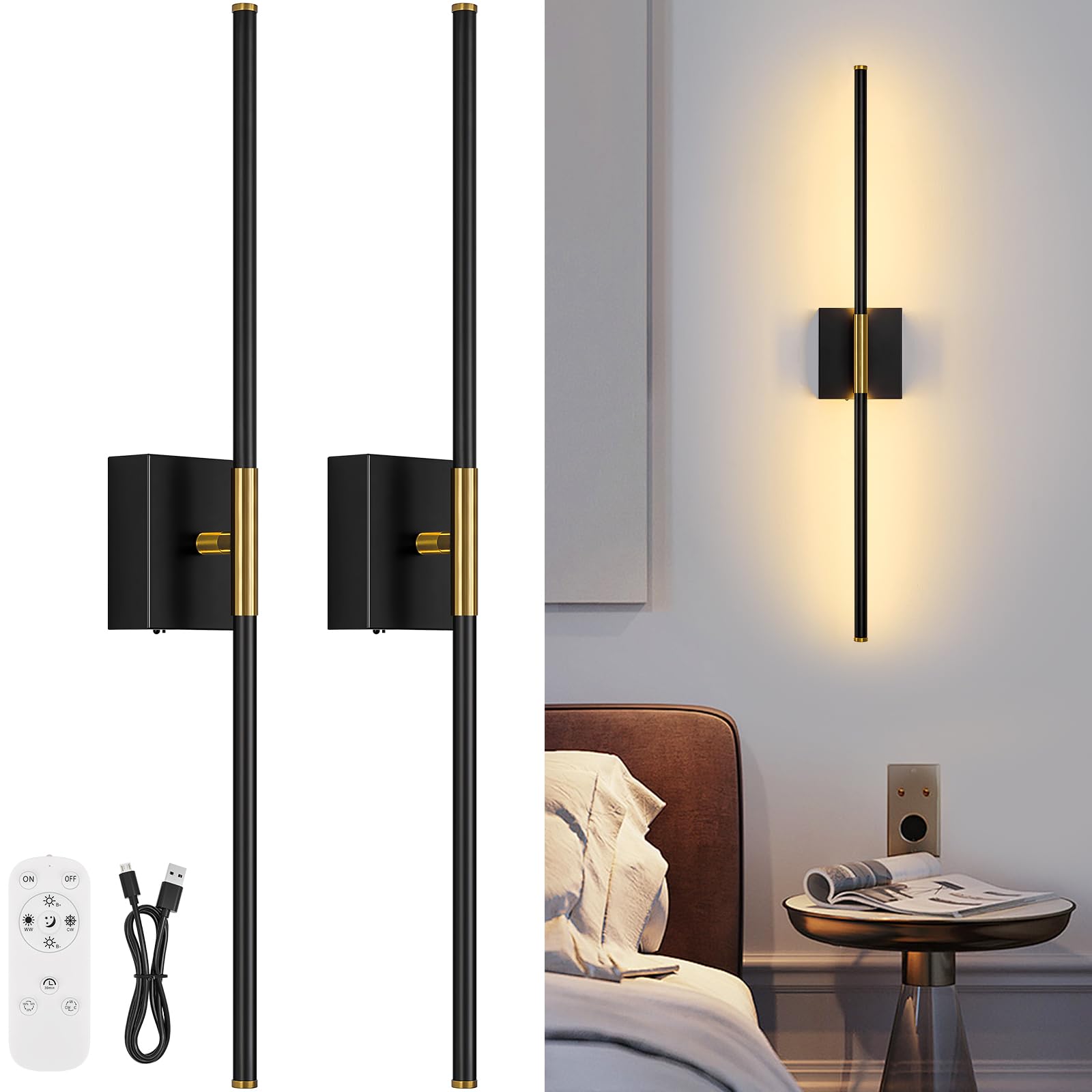 JZEKVN Wall Sconces Set of Two, Dimmable 29.1in Black Gold, Battery Operated, 350° Rotation, LED Wireless Rechargeable, Model 202411