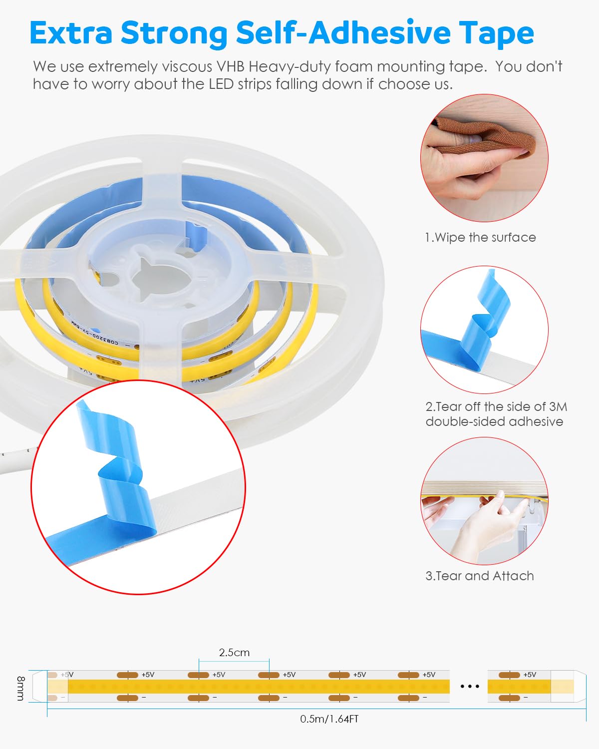 Aclorol Usb Cob Led Strip 50Cm White Led Strip Lights For Bedroom Dimmable Light Strip With Dimmer High Density And Bright For Kitchen Cabinet Display Case Craft Lighting Project 6000K 1.64Ft/0.5M