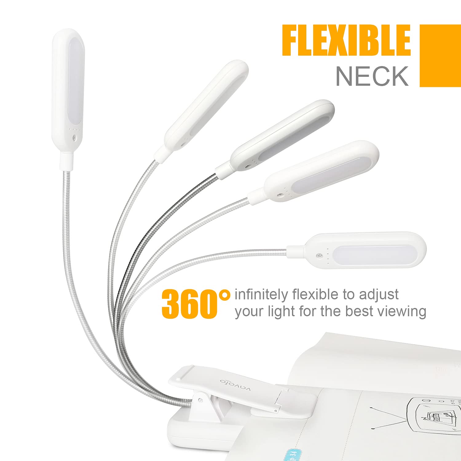 VAVOFO Clip On Book Light, 7 LED Eye Care Lamp, 9-Level Warm Cool White, Plastic, 1-Pack, White, Model KM-6720