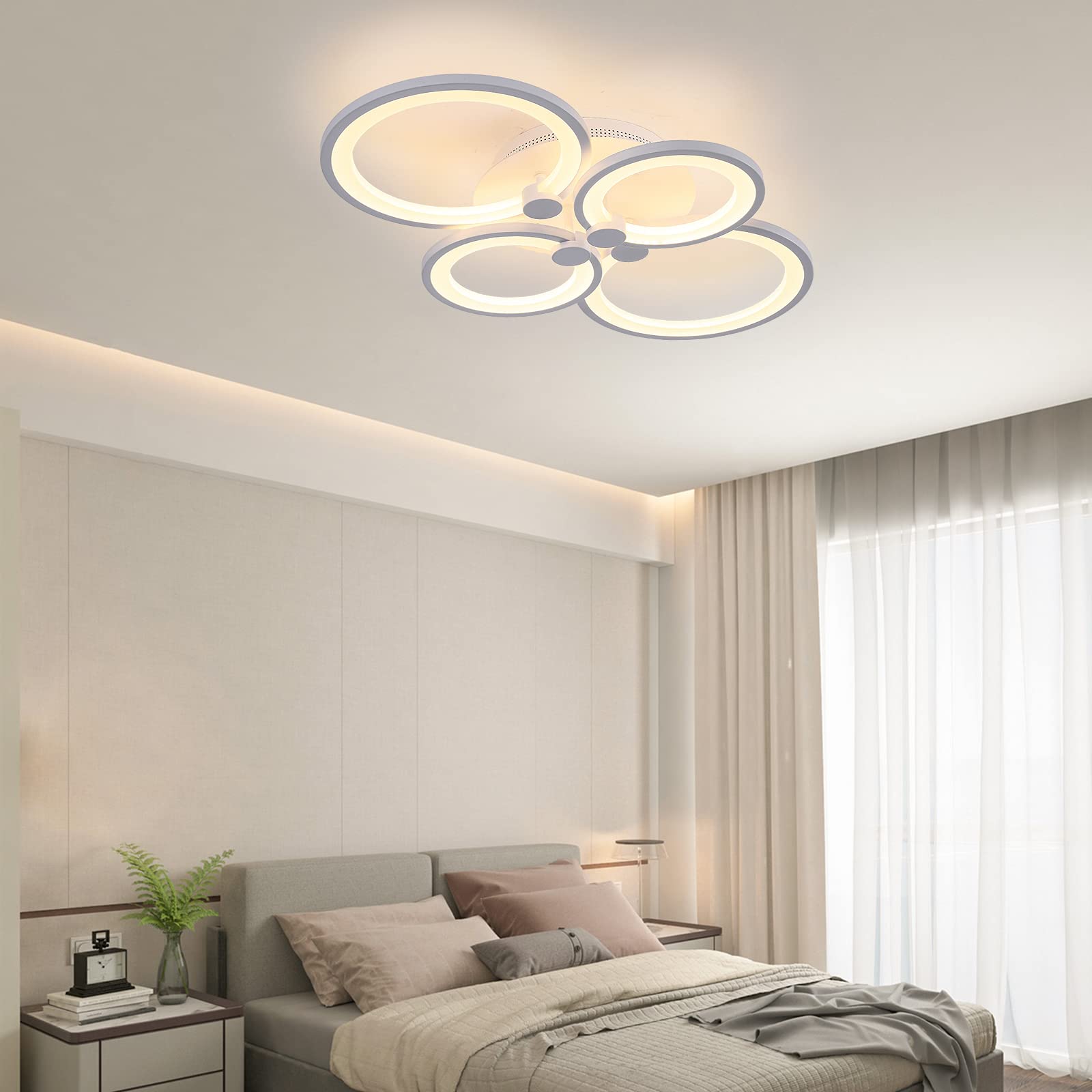 Stch Led Ceiling Light Fixture, 60W Flush Mount Ceiling Light, Kitchen Light Fixtures With Remote Control, 4 Rings Ceiling Lamp