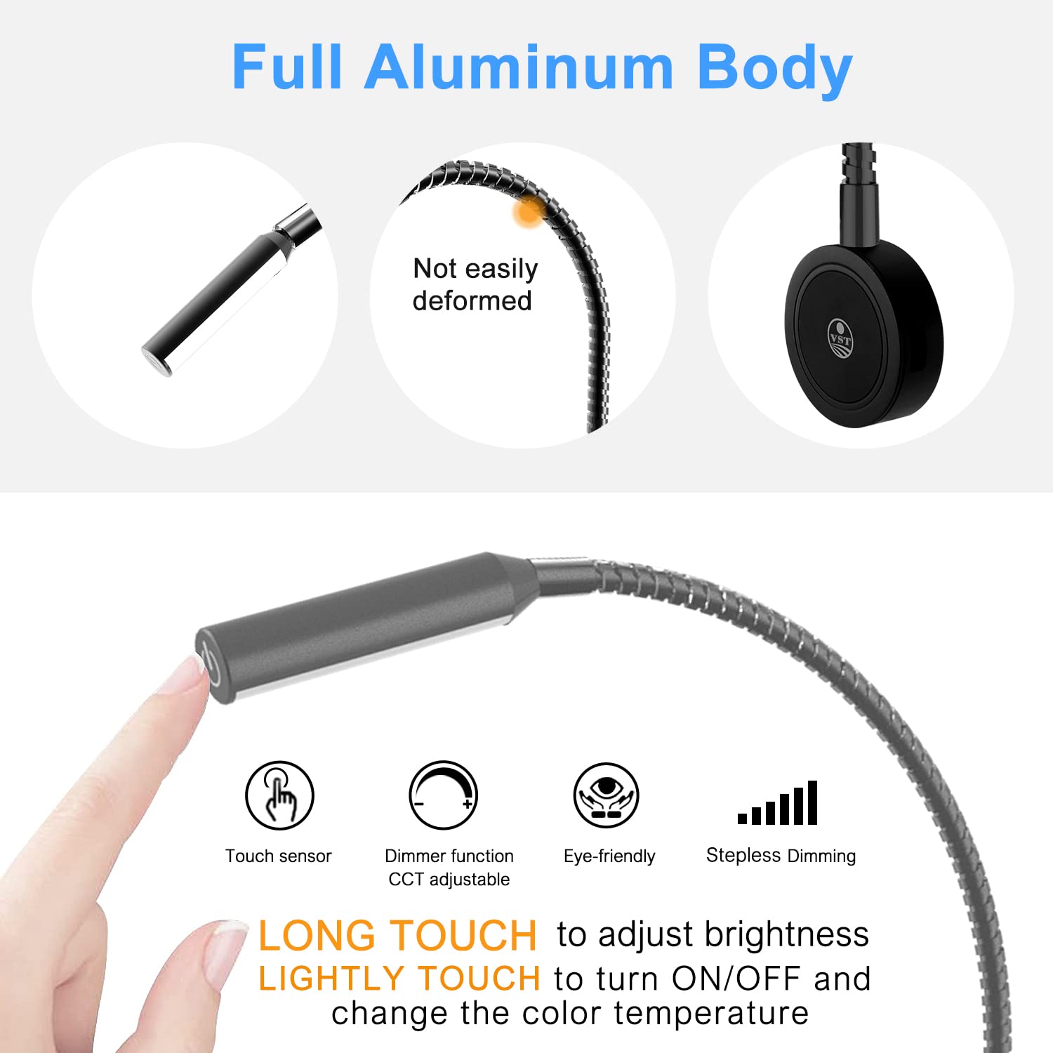 VST Headboard Reading Lamp, Touch Color Temp (3000K/4000K/6000K), USB/Type-C, 2 Pack, Silver, Aluminum