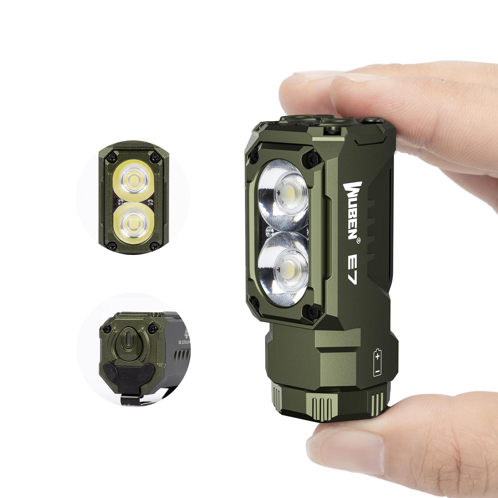 WUBEN E7 1800 Lumen Rechargeable Mini Flashlight with Magnet - Super Bright 6 Modes ArmyGreen EDC Flashlight, Typ-C Rechargeable