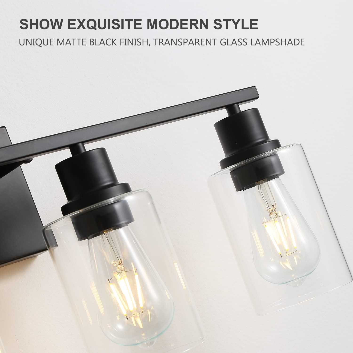 Filimitiy Bathroom Vanity Light Fixtures, 4-Light Matte Black Bathroom Lights, Wall Sconces With Clear Glass Shade For Hallway F